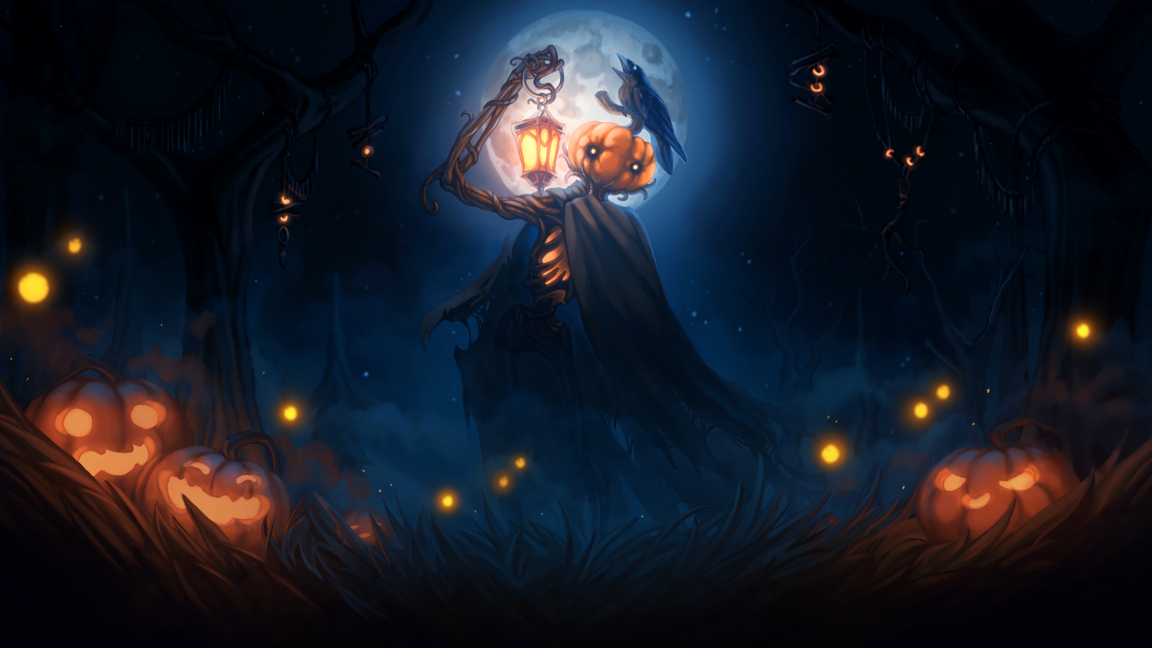 Halloween Pumpkin Head with Lantern and Crow 4K HD Wallpaper