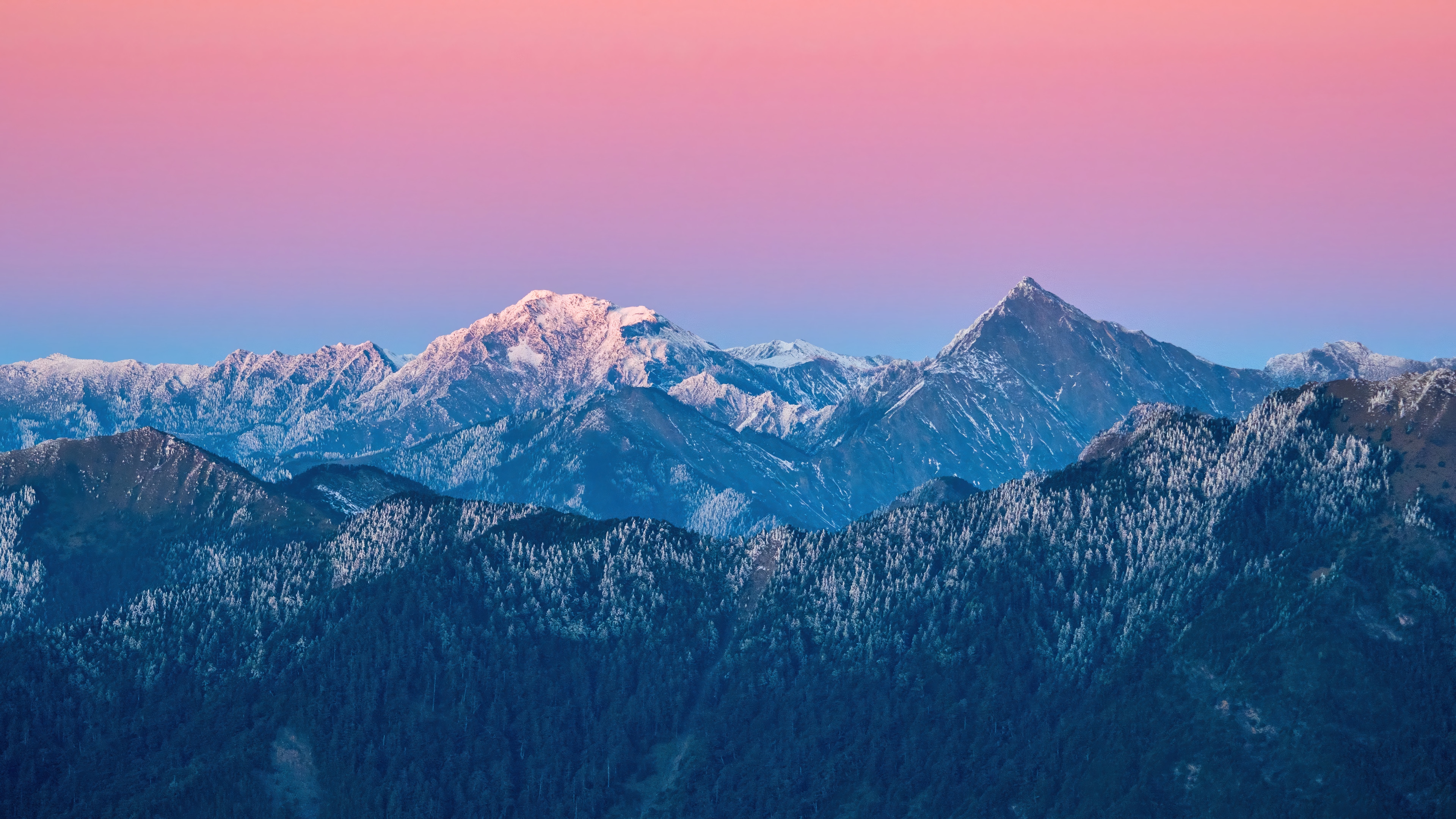 Snow-capped Mountains Under a Pink and Blue Sky HD Wallpaper