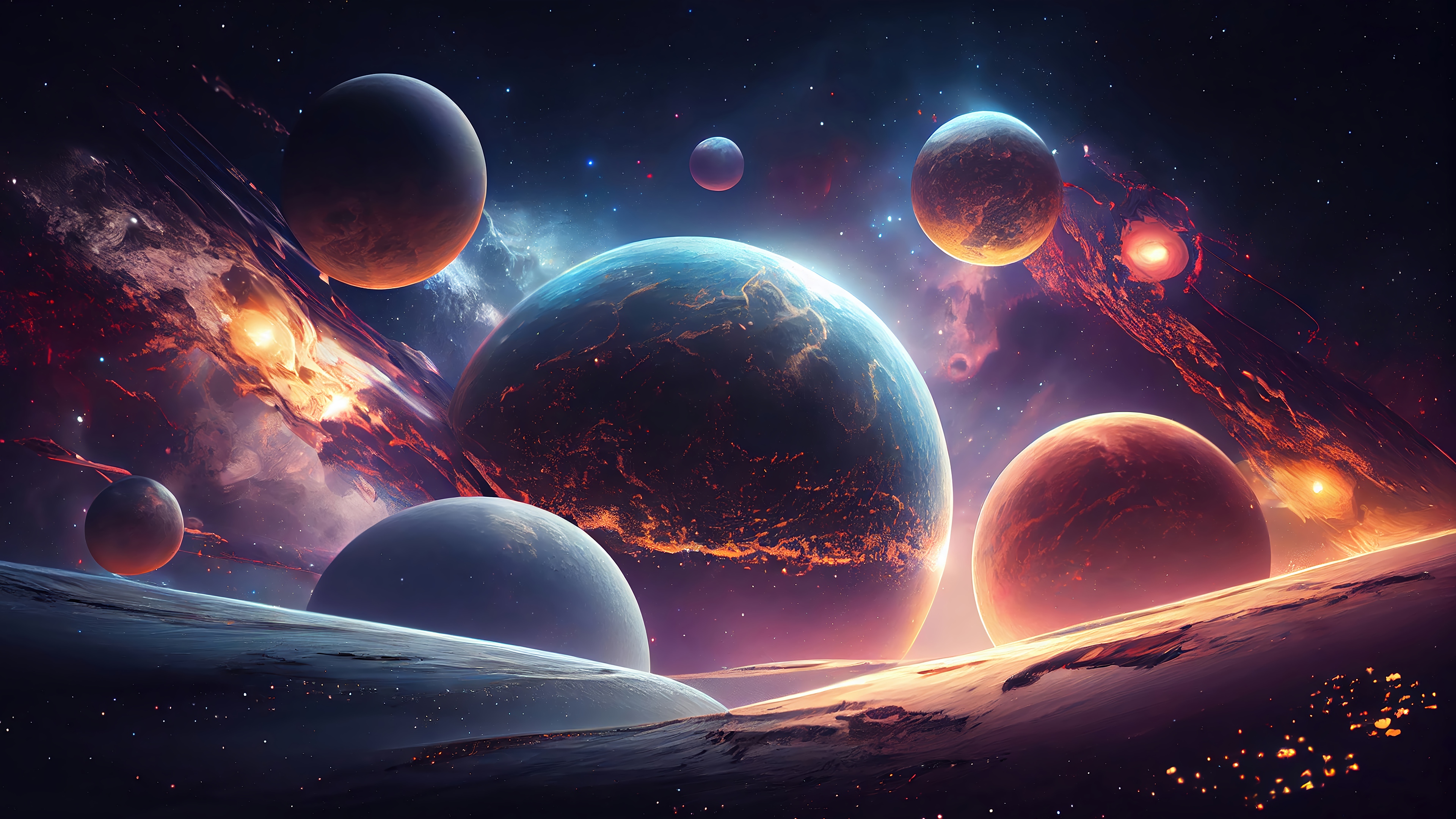 Planets and nebulae in deep space 4K HD Wallpaper