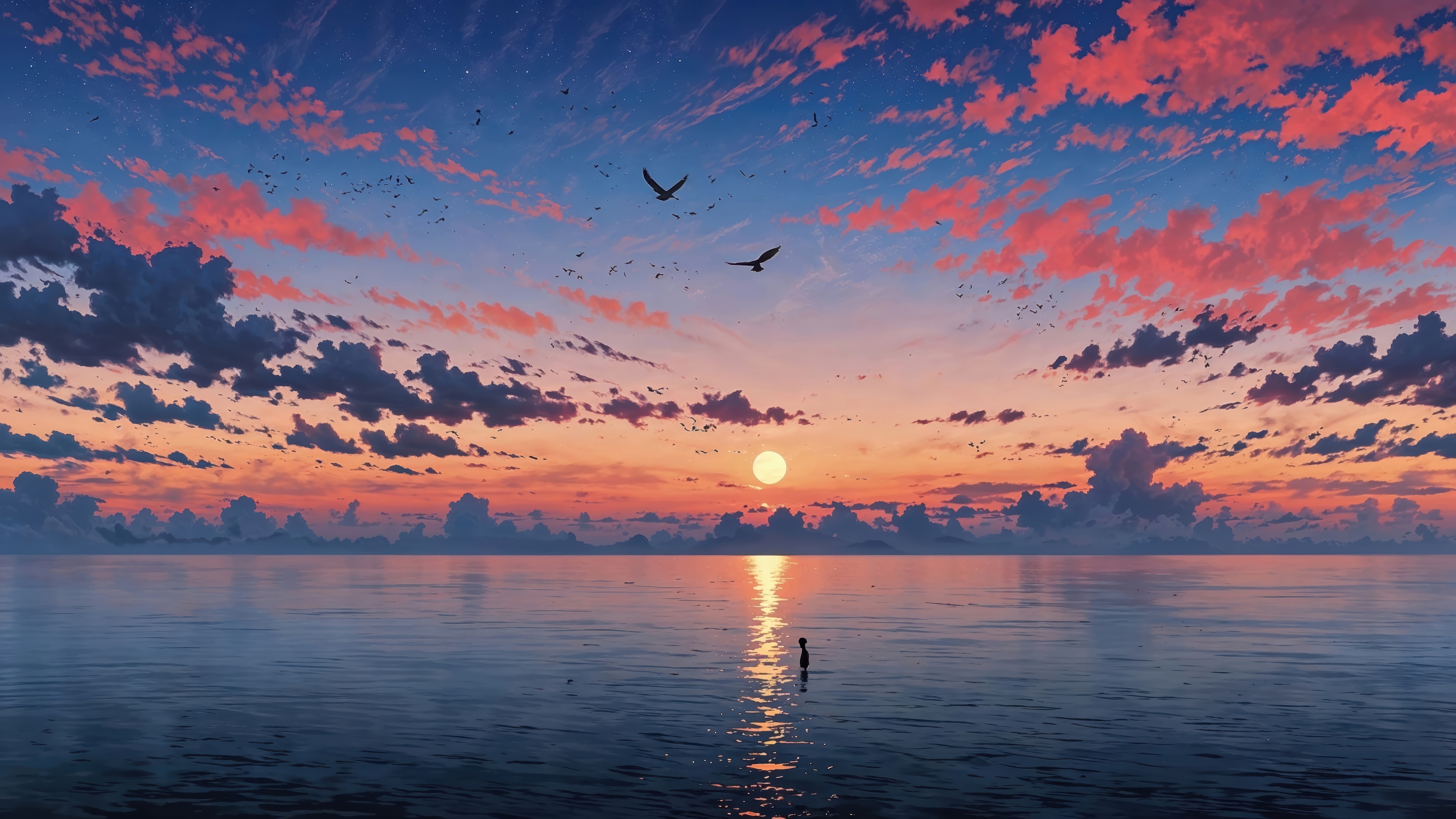 Sunset over the sea with clouds and birds HD Wallpaper