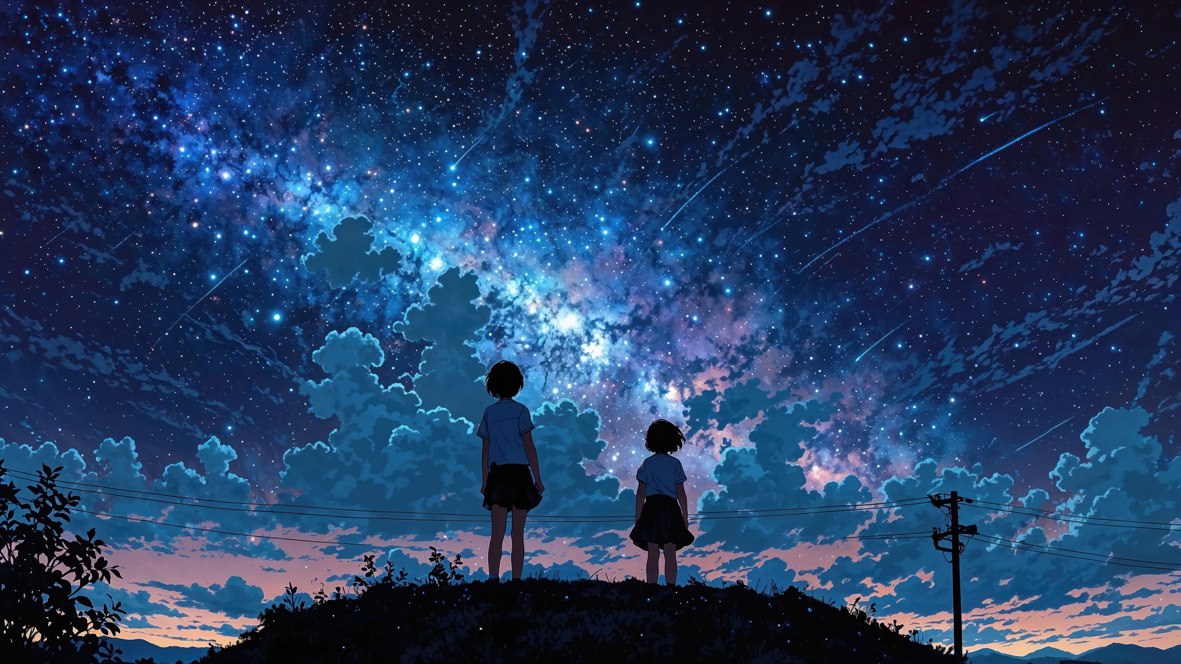 Two girls watching the starry night sky HD Wallpaper