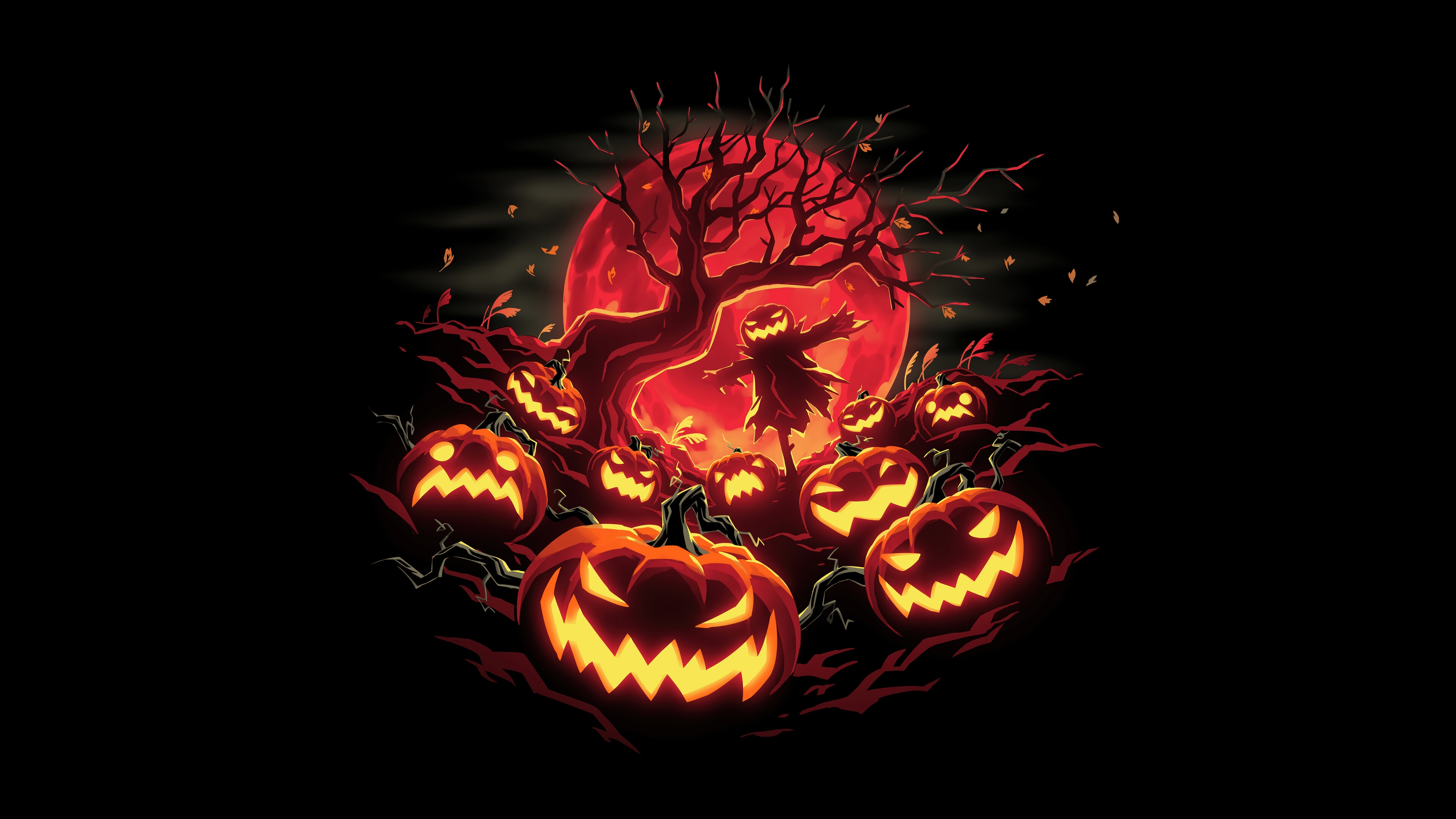Halloween Pumpkins and Scarecrow Under a Red Moon 4K HD Wallpaper
