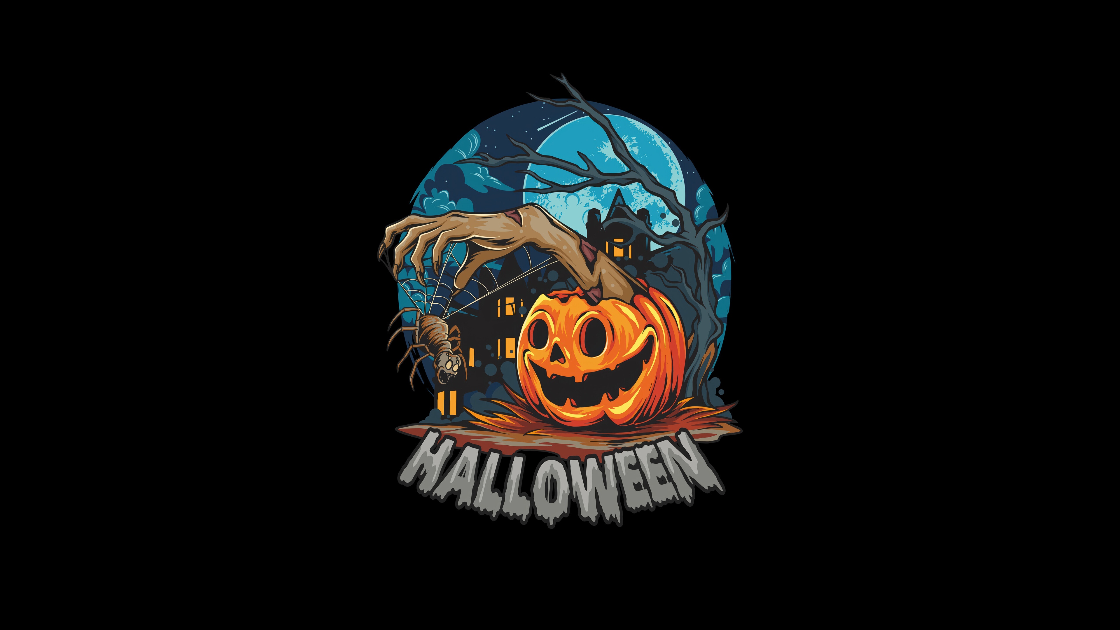 Halloween Zombie Hand Pumpkin Spider 4K HD Wallpaper