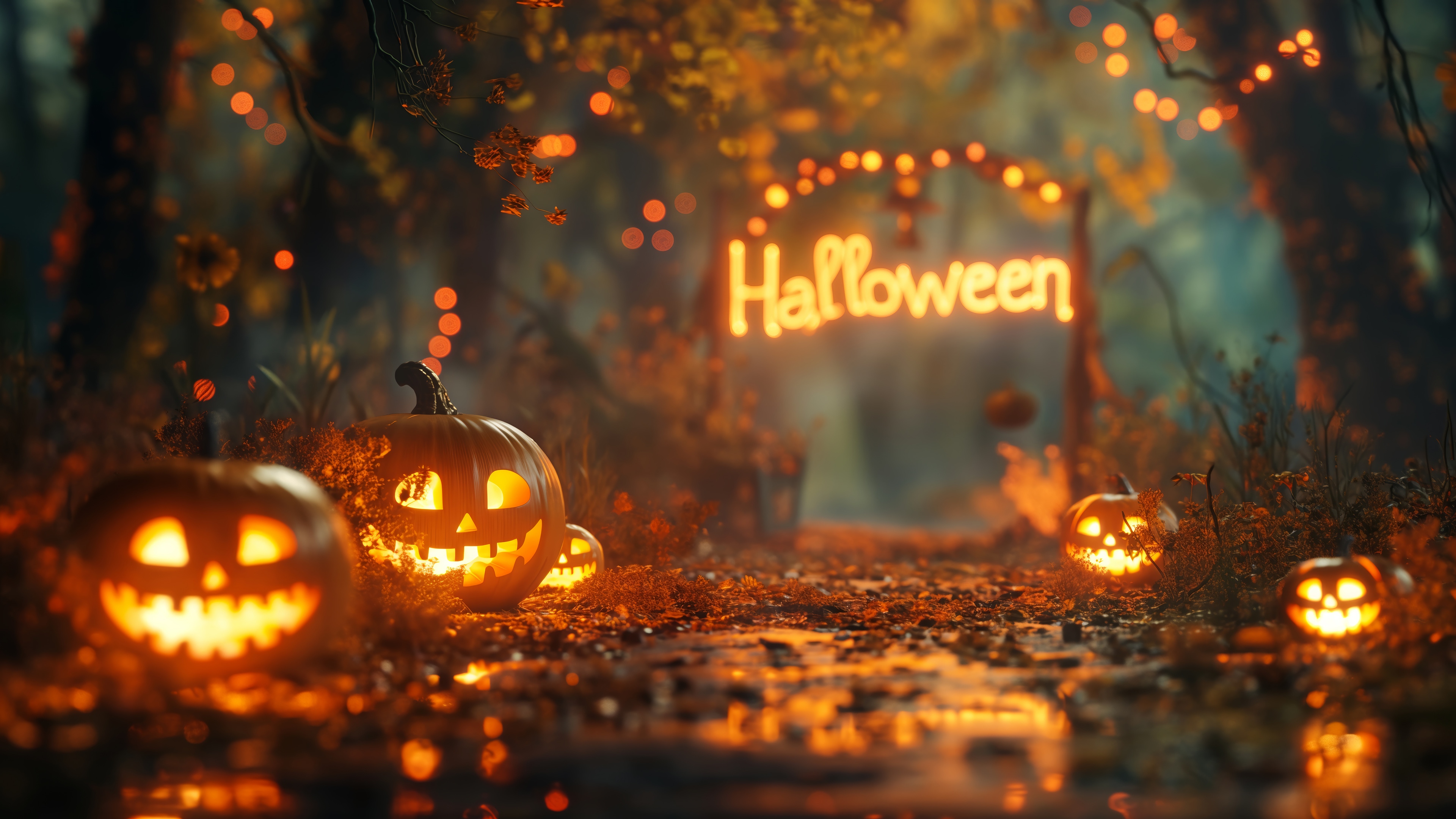 Halloween pumpkins and lights in a forest HD Wallpaper