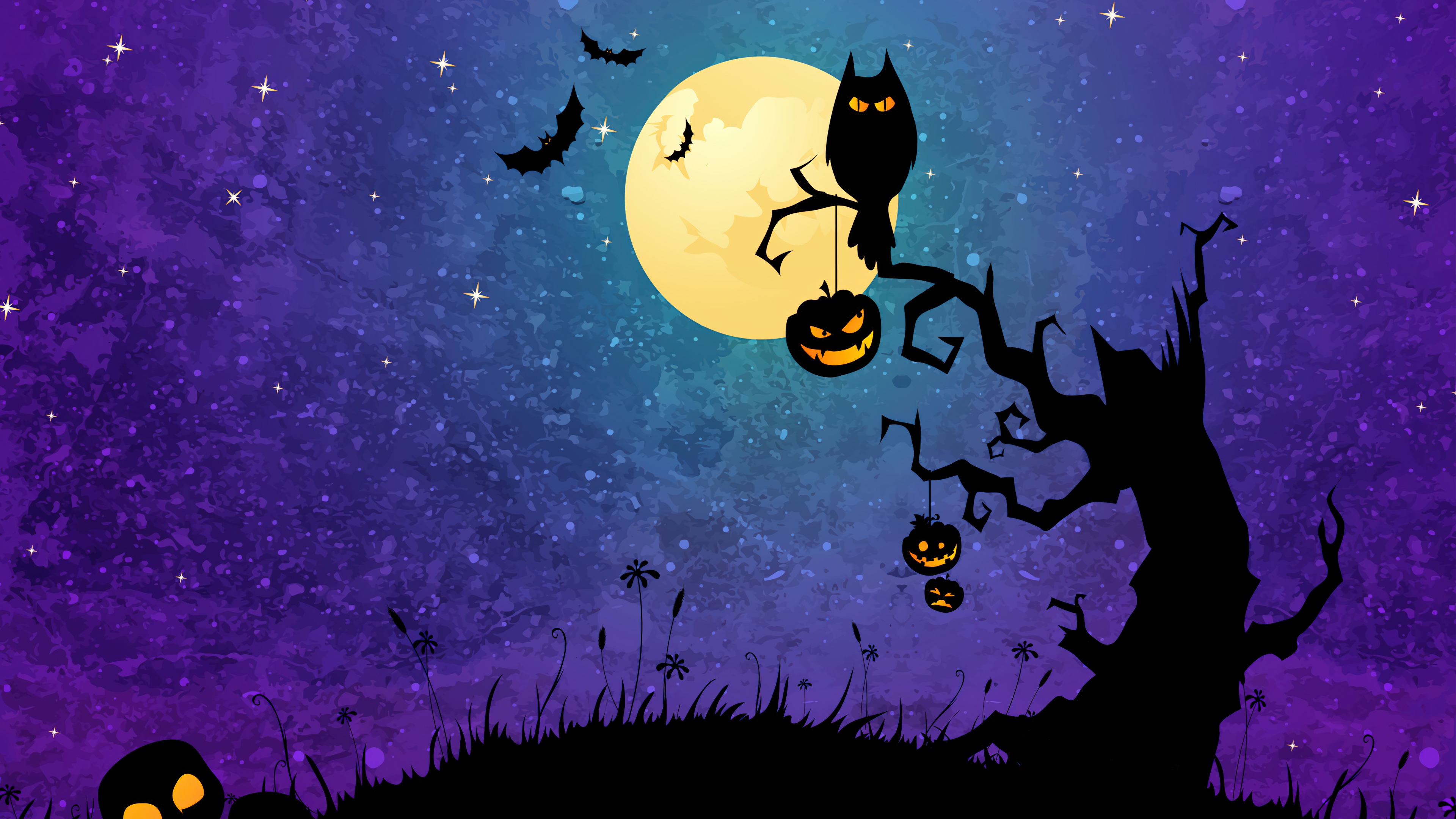 Halloween Night with Owl, Pumpkins, and Bats 4K HD Wallpaper