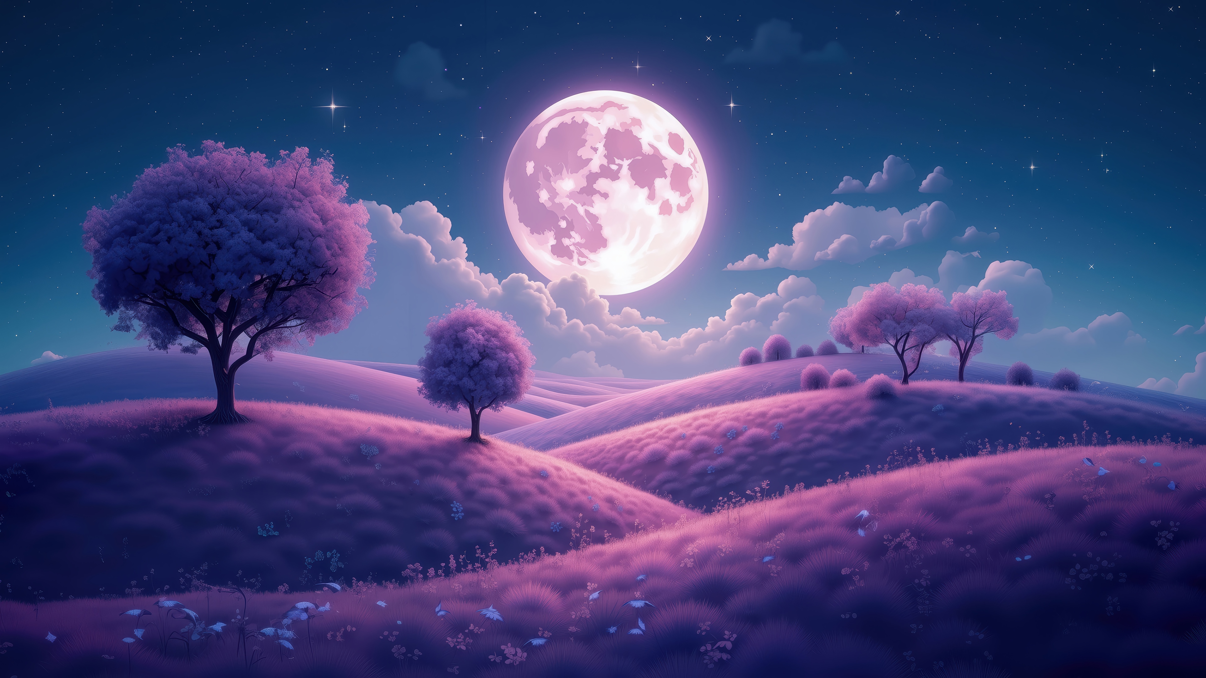 Purple landscape with a large moon and trees 4K HD Wallpaper