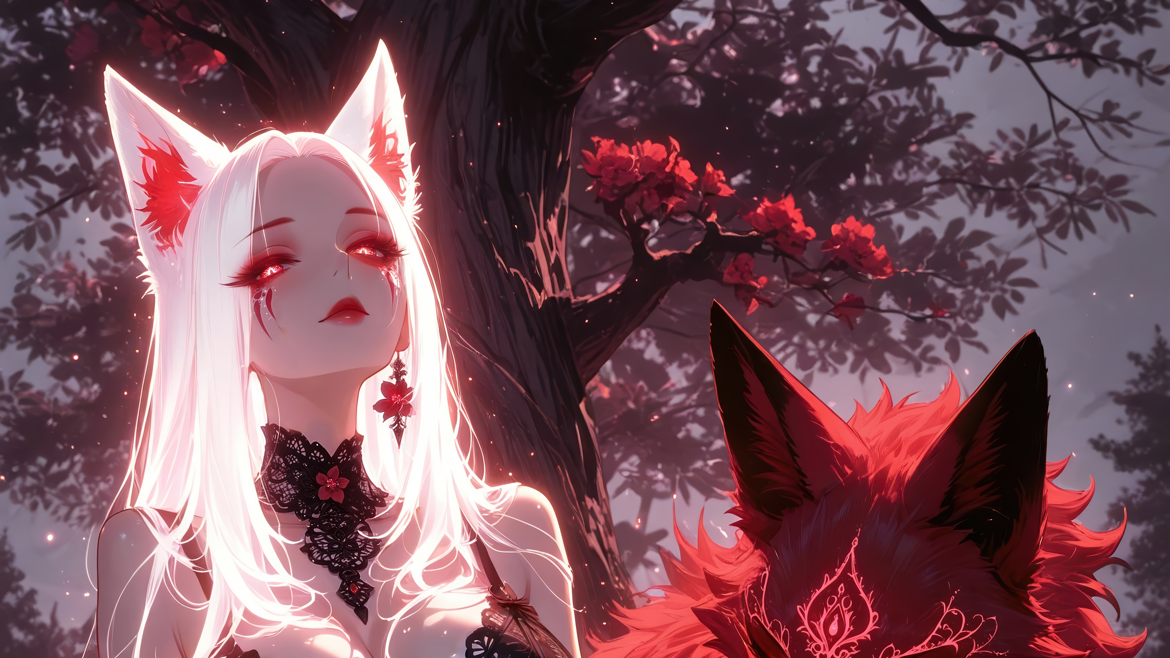Anime Girl with Fox Ears and Red Fox Companion HD Wallpaper