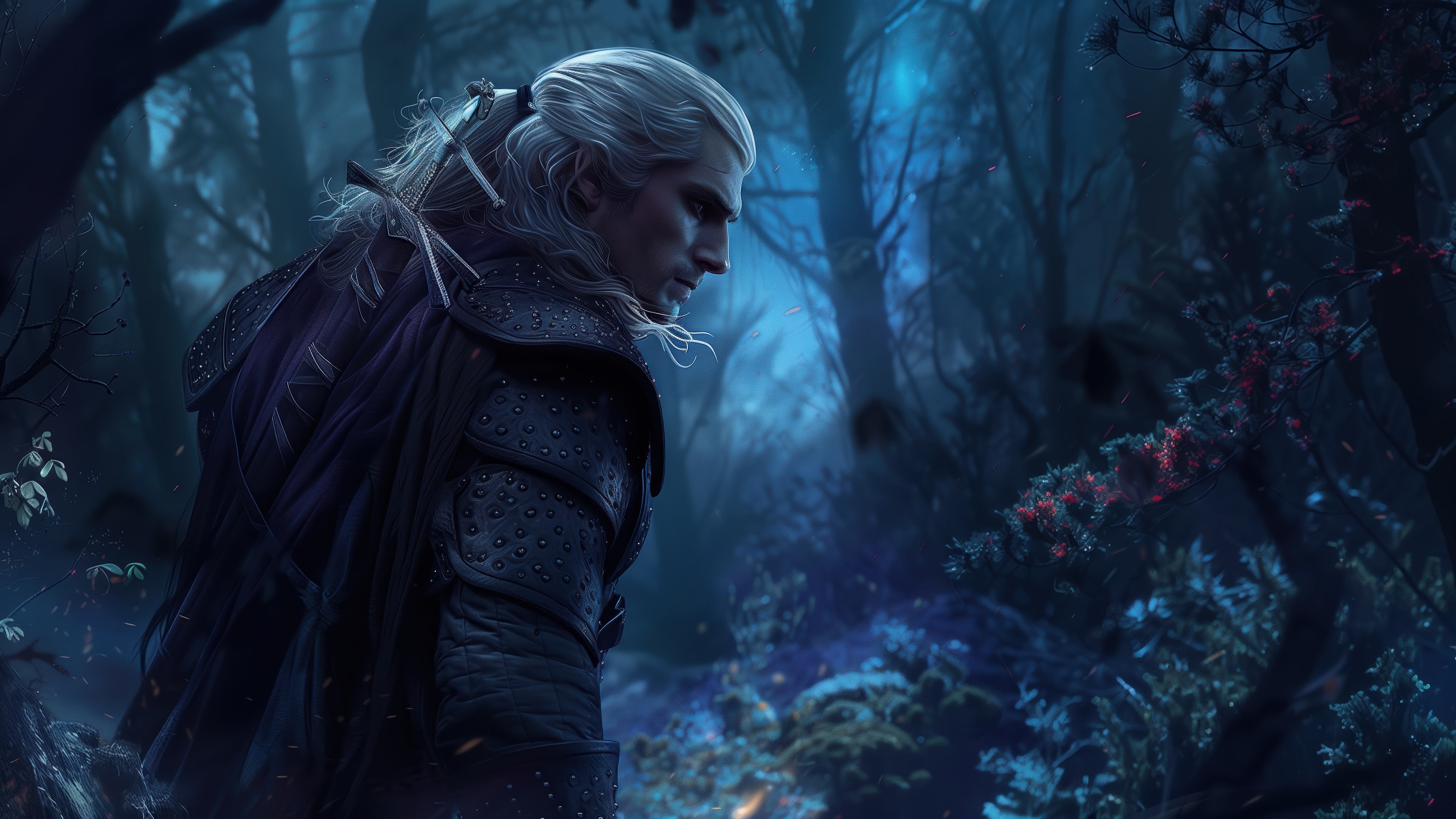 Geralt of Rivia in a dark forest 4K HD Wallpaper