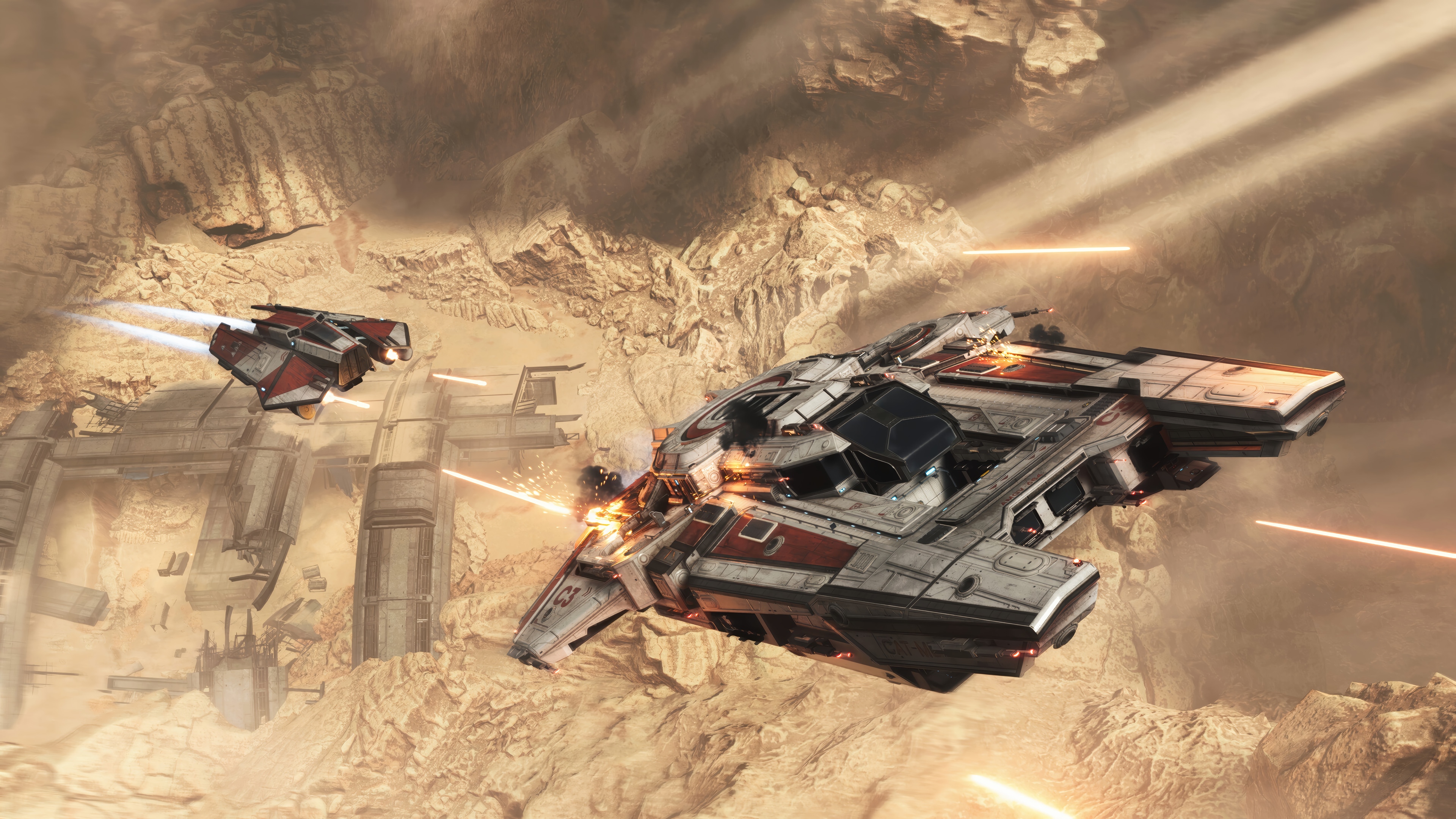 Two spaceships in a desert canyon, 4K HD Wallpaper