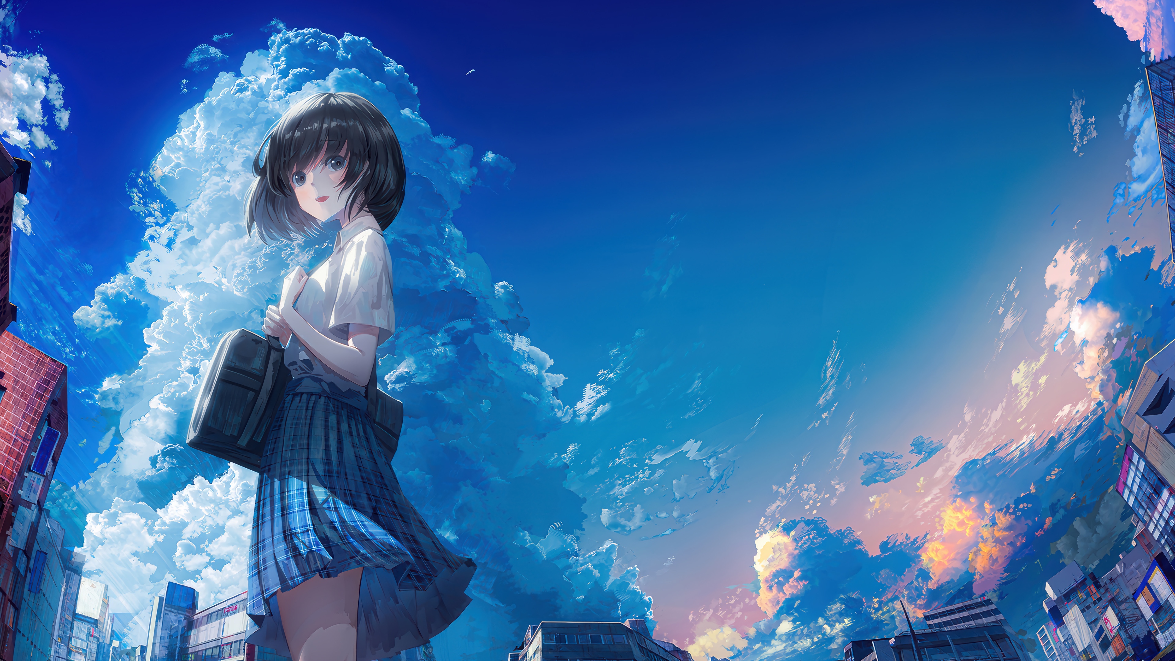Anime Girl in School Uniform Under a Cloudy Sky 4K HD Wallpaper