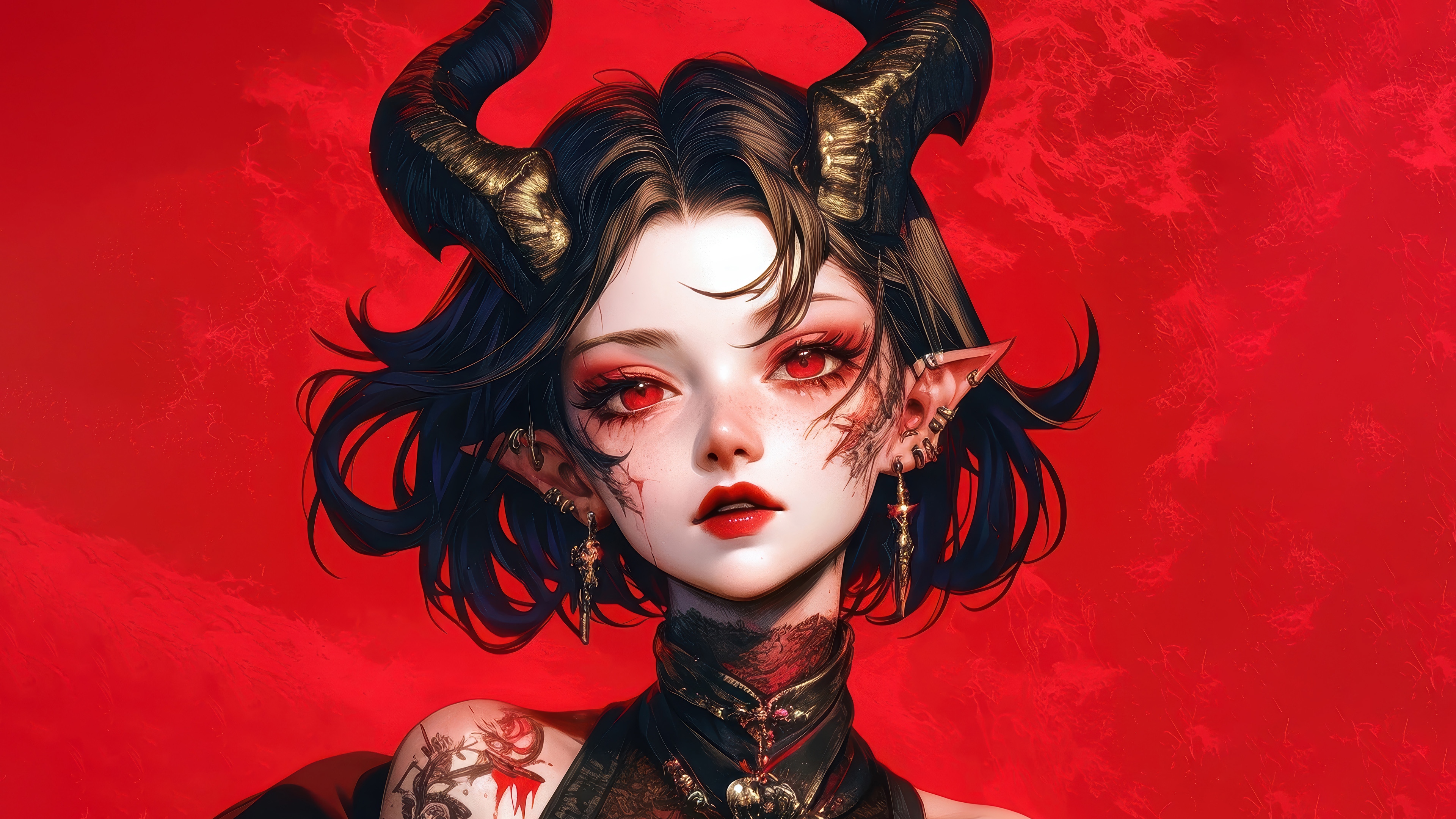 Demon Anime Girl with Horns and Red Eyes 4K HD Wallpaper