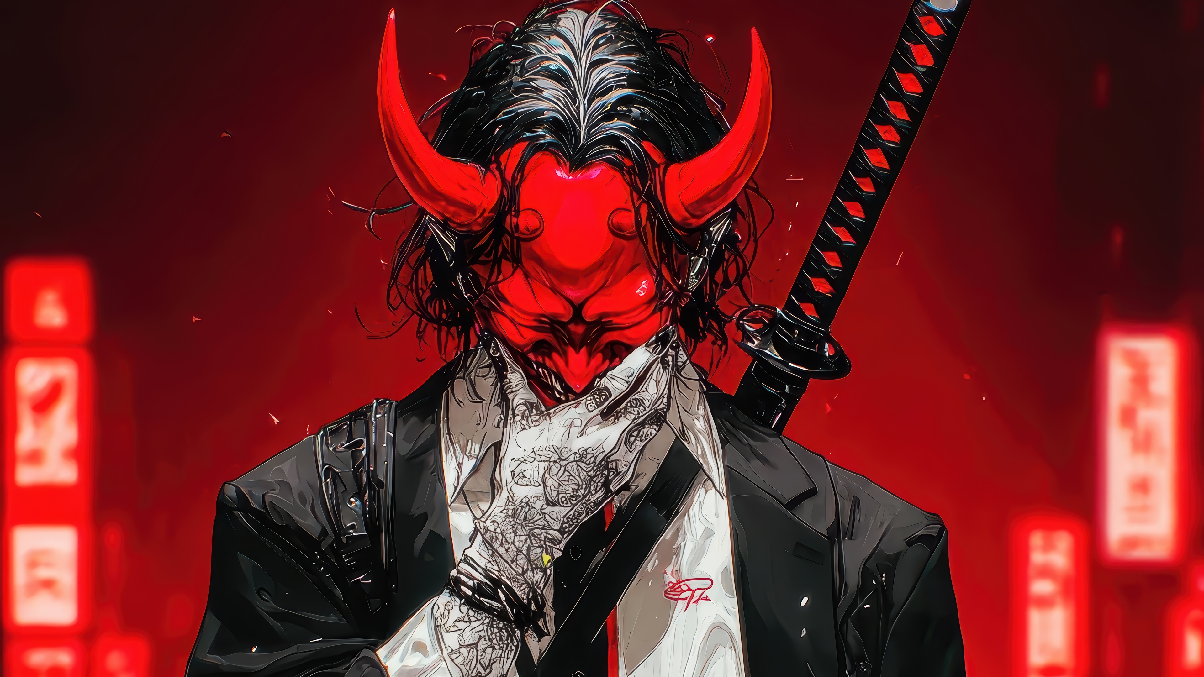 Anime Yakuza Yokai with Katana and Mask 4K HD Wallpaper