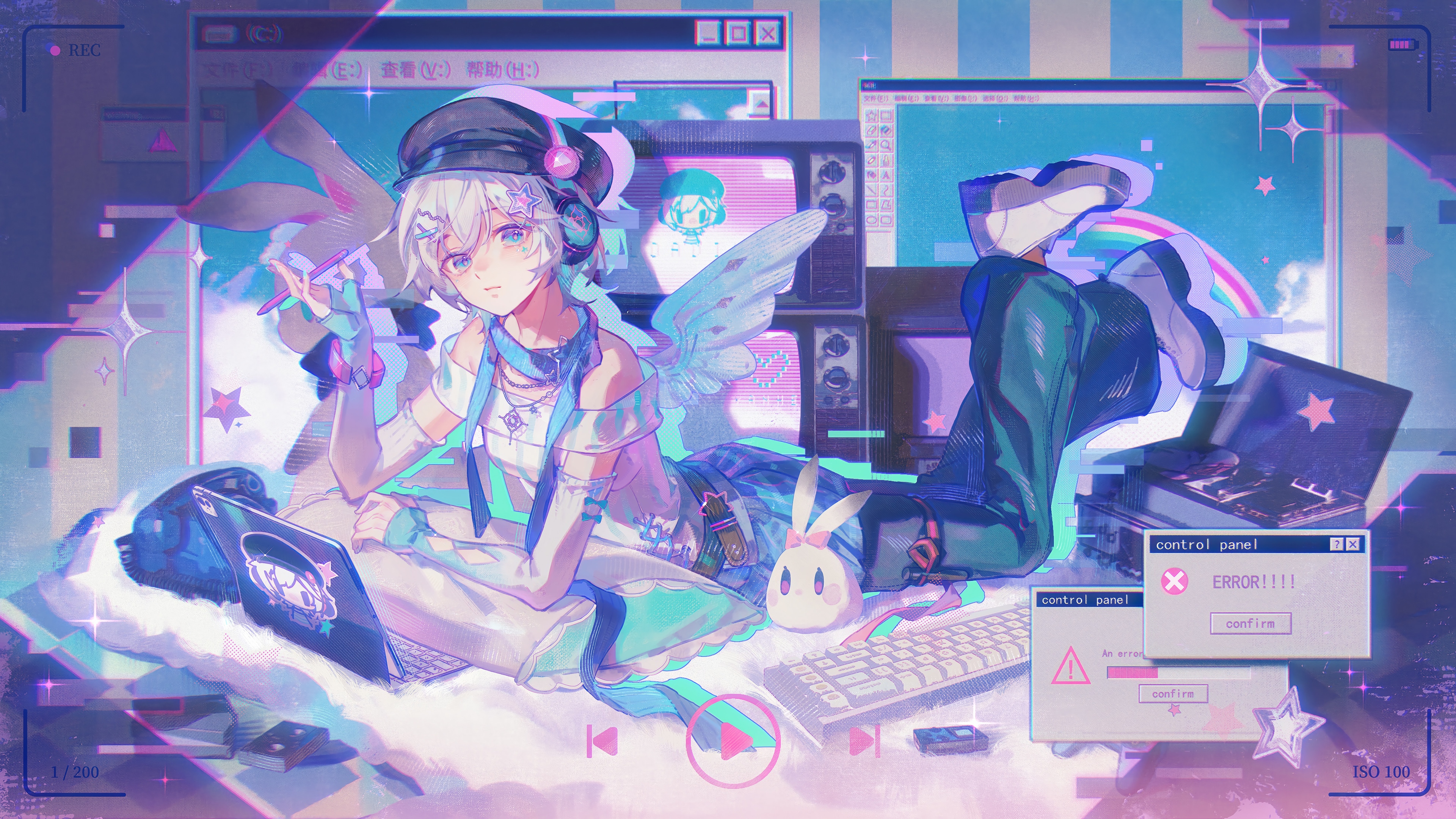 Anime Girl with Wings and Laptop in Retro Tech Setting 4K HD Wallpaper