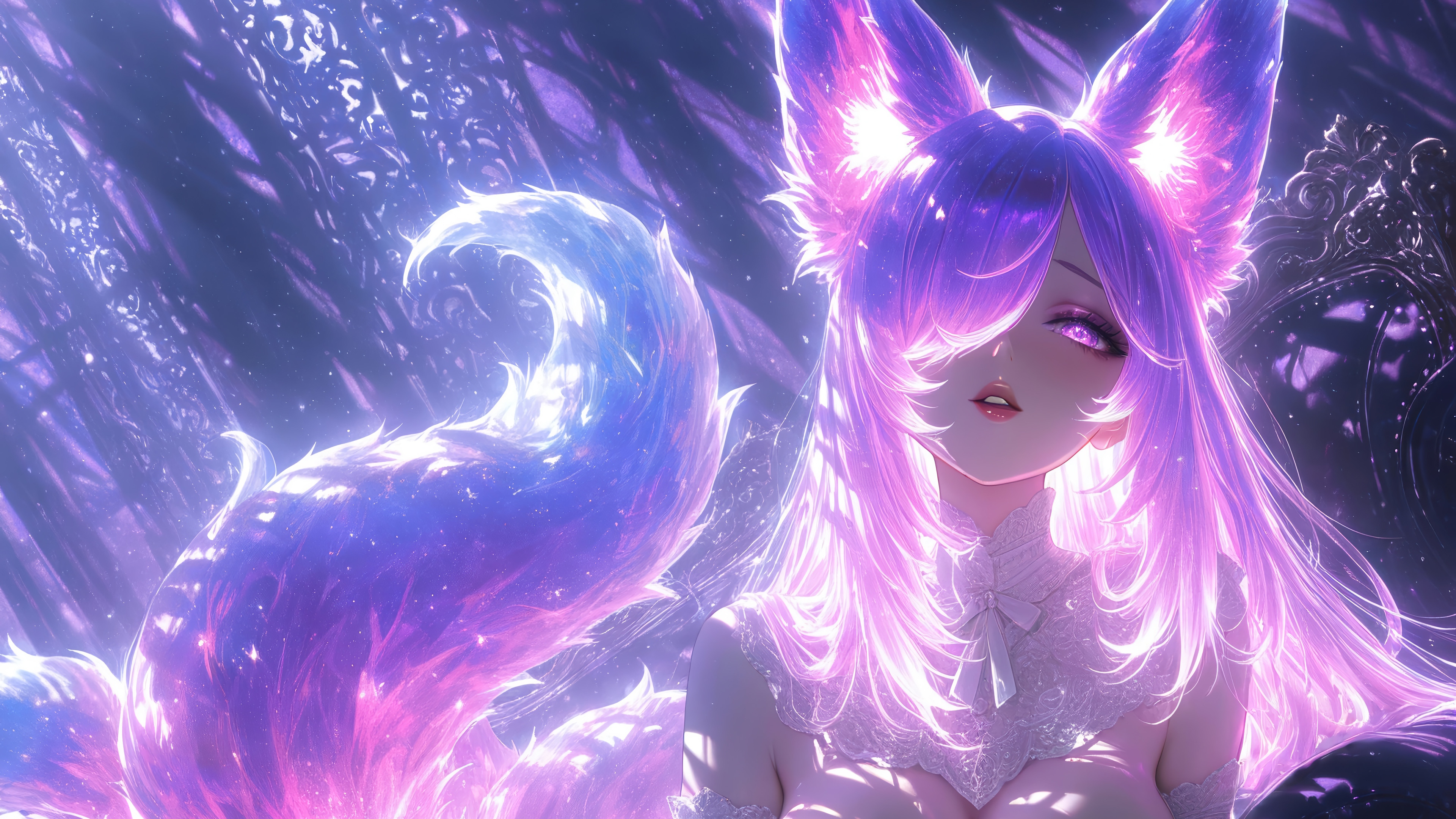 Anime Fox Girl with Purple Hair and Tails 4K HD Wallpaper