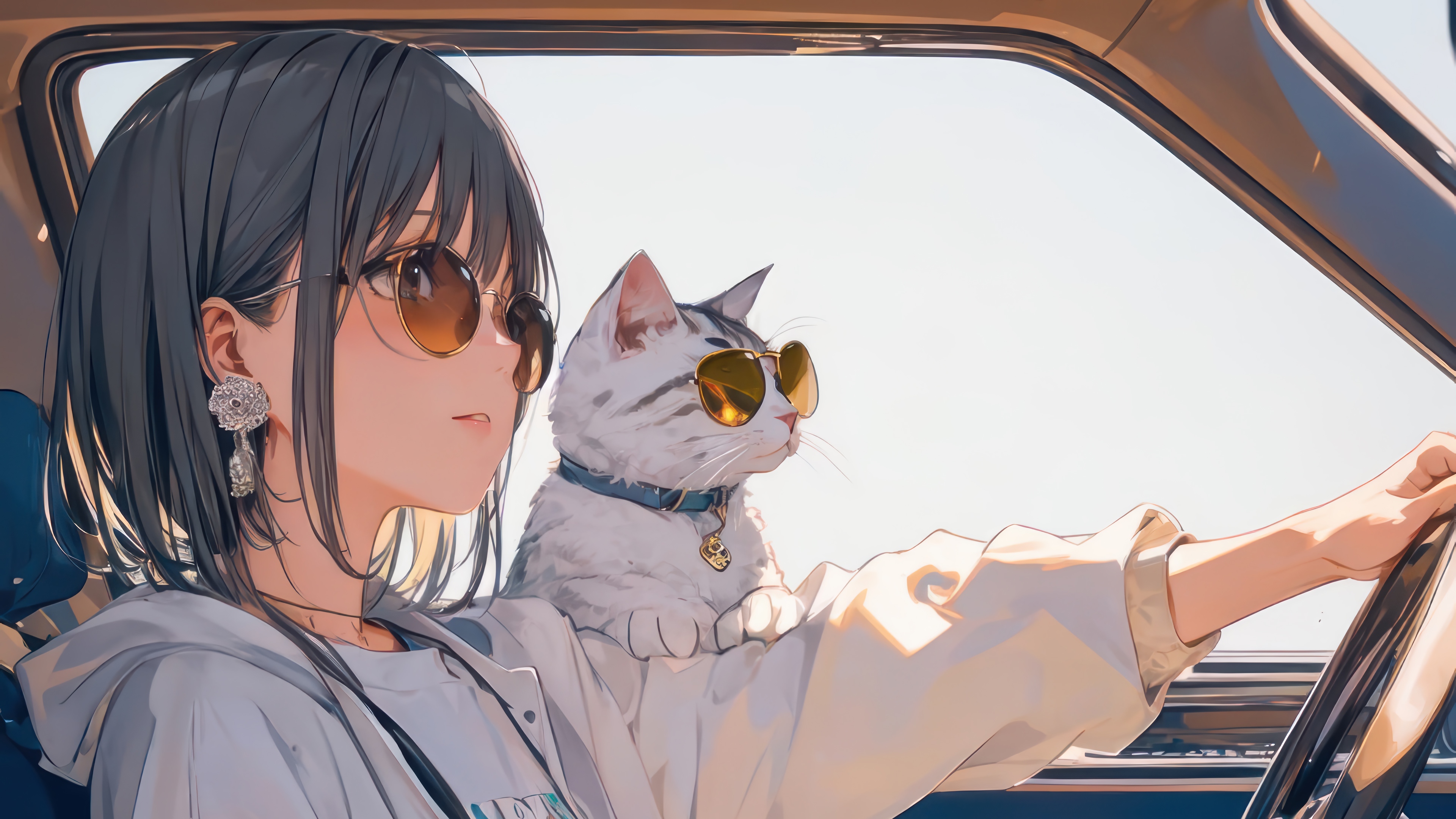 Anime Girl Driving Car With Cat HD Wallpaper