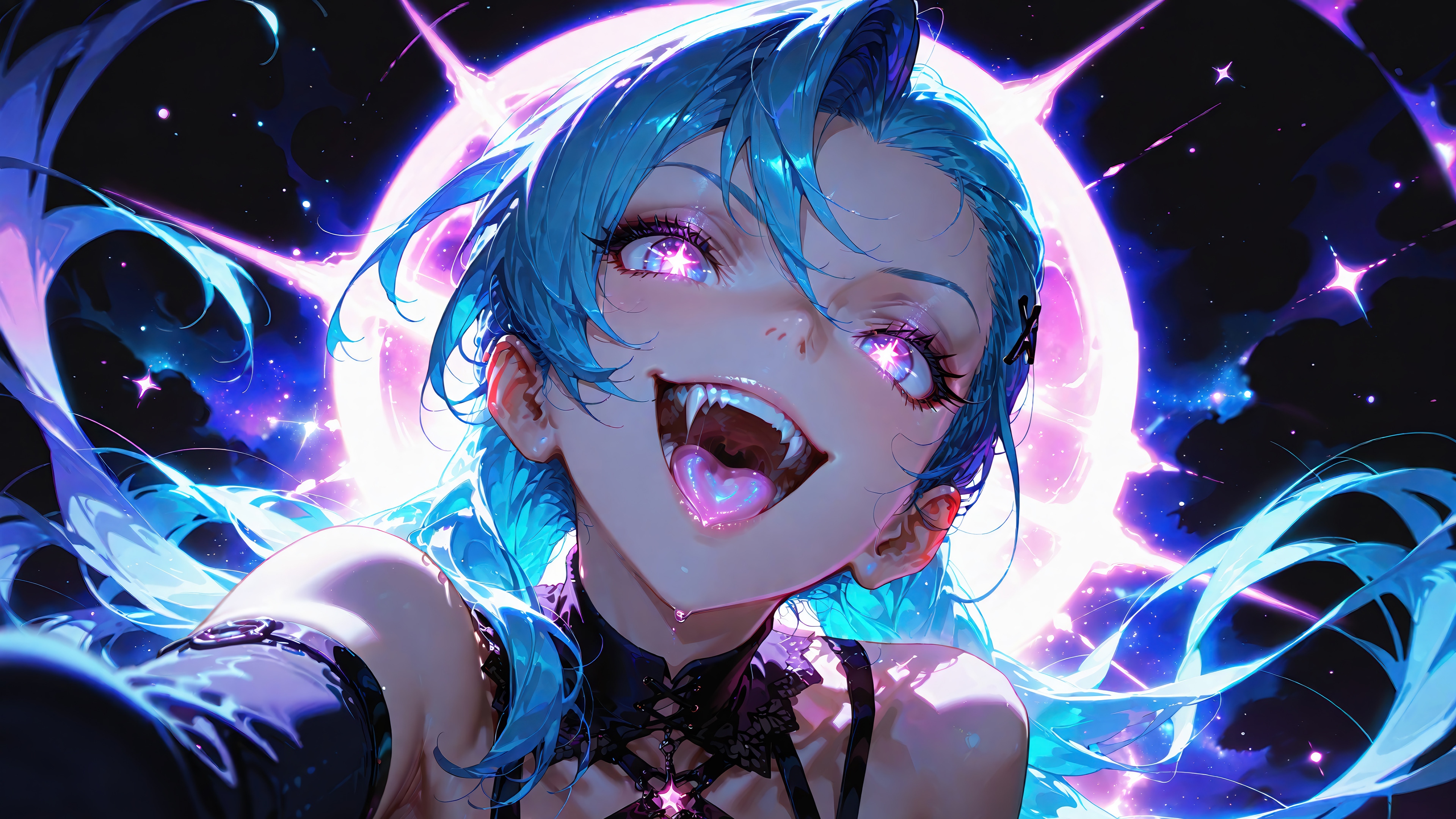 Anime Girl with Blue Hair and Fangs HD Wallpaper