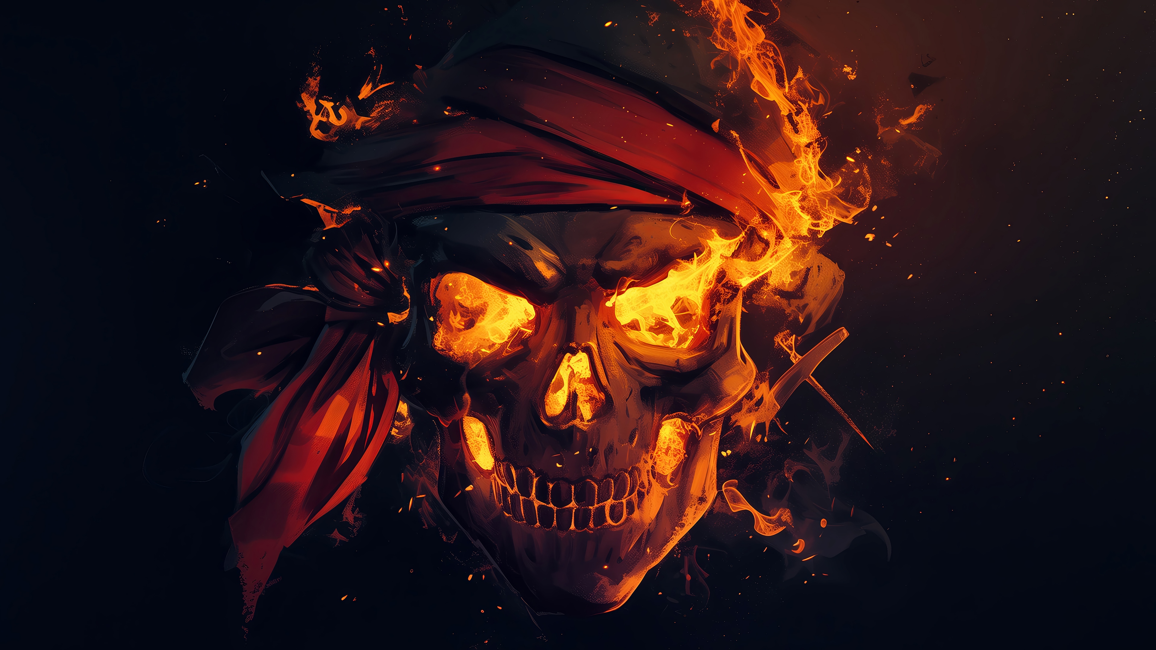 Burning Pirate Skull with Red Bandana 4K HD Wallpaper