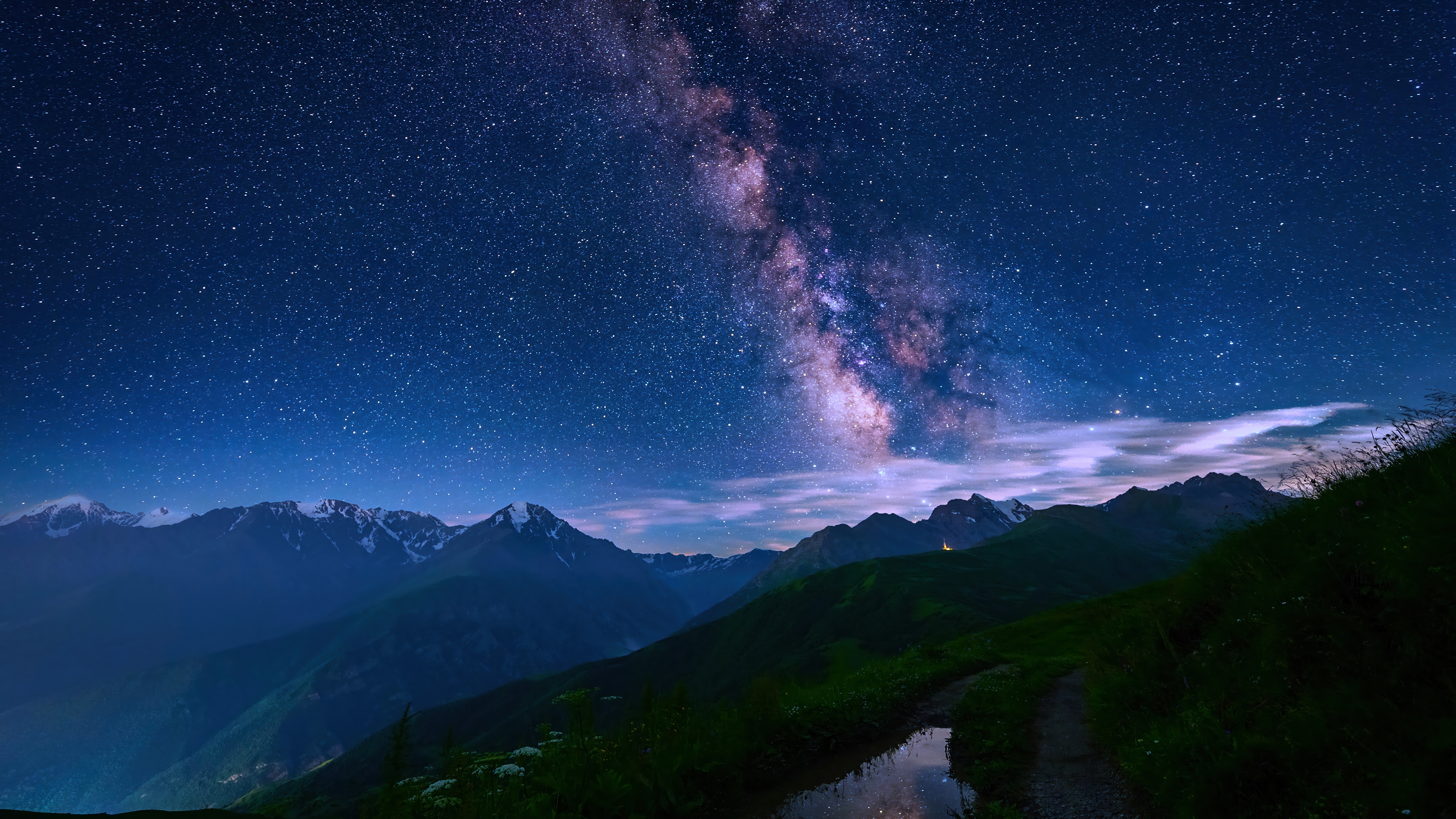 Milky Way over snow-capped mountains at night 4K HD Wallpaper