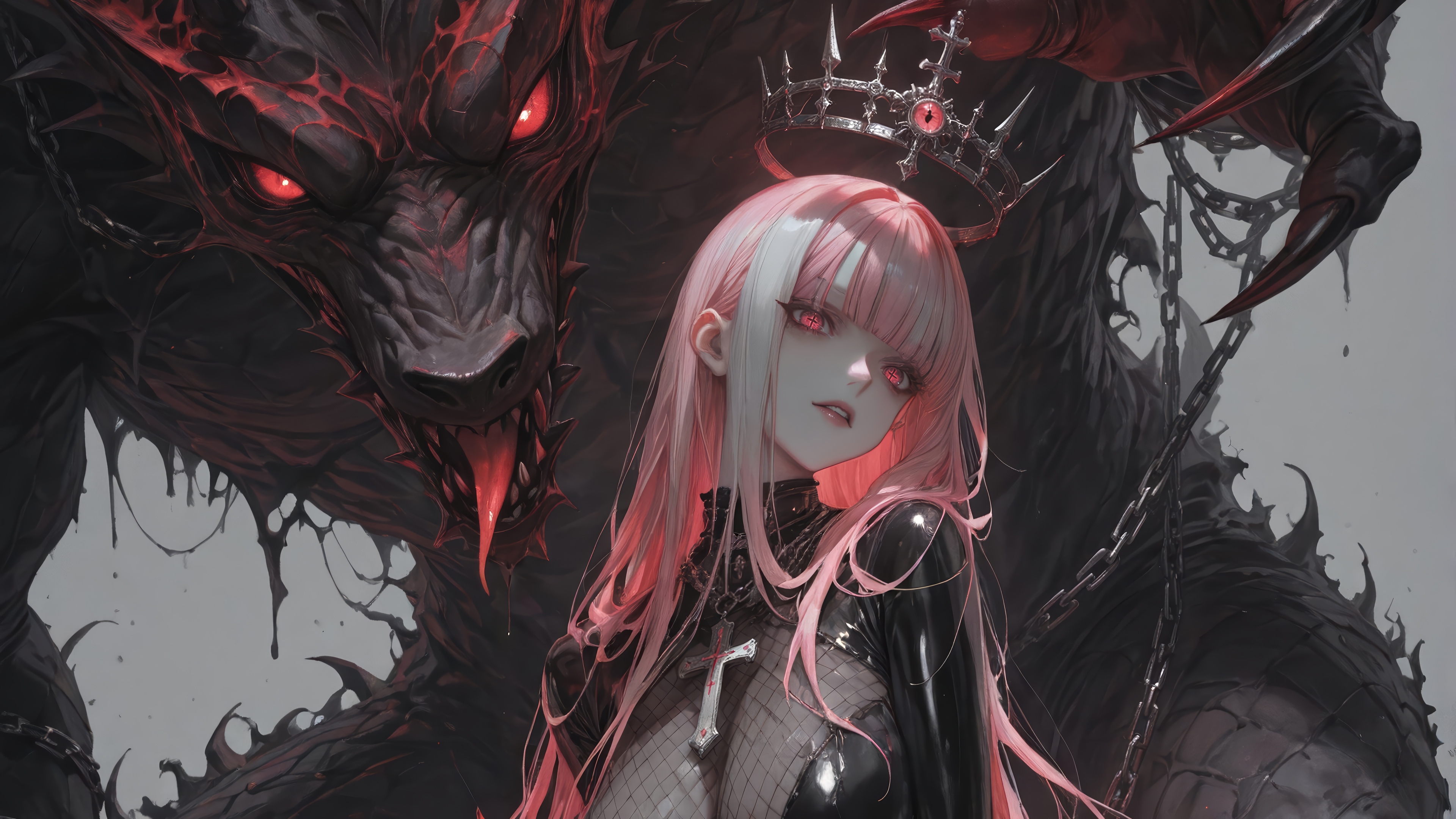 Anime Girl with Pink Hair and Red Eyes Beside a Monster HD Wallpaper