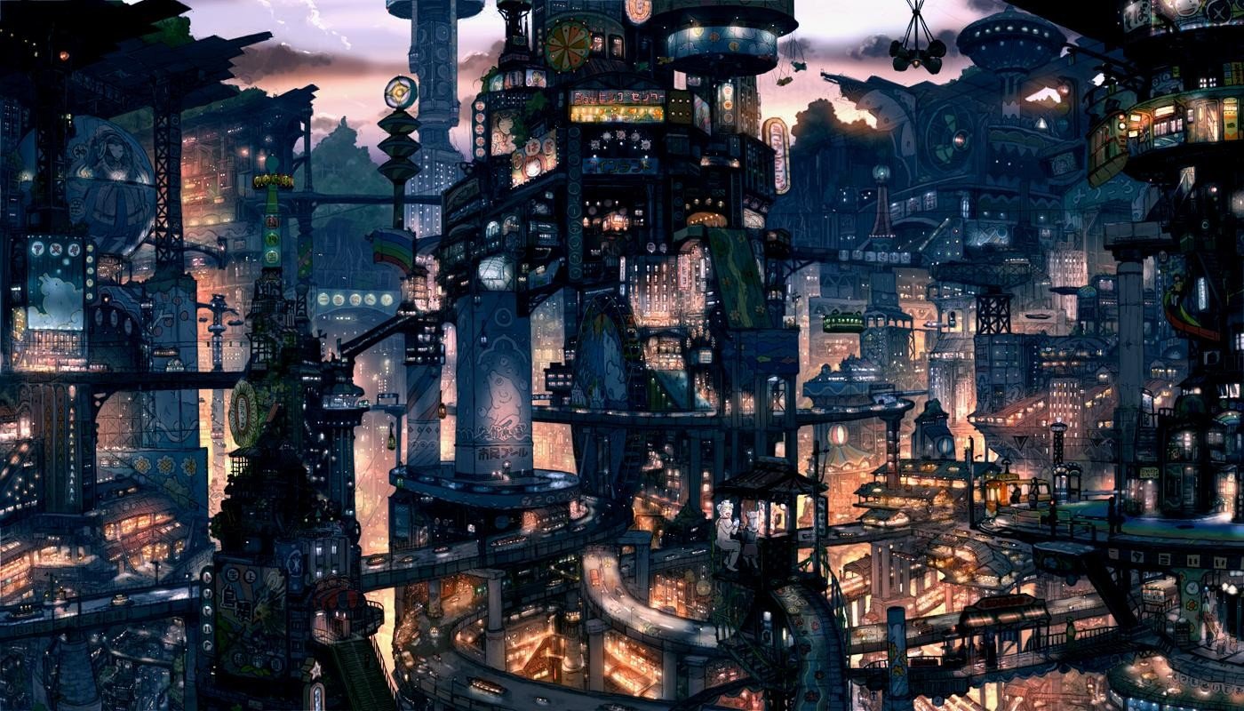 Cyberpunk futuristic city with towering structures and flying vehicles HD Wallpaper