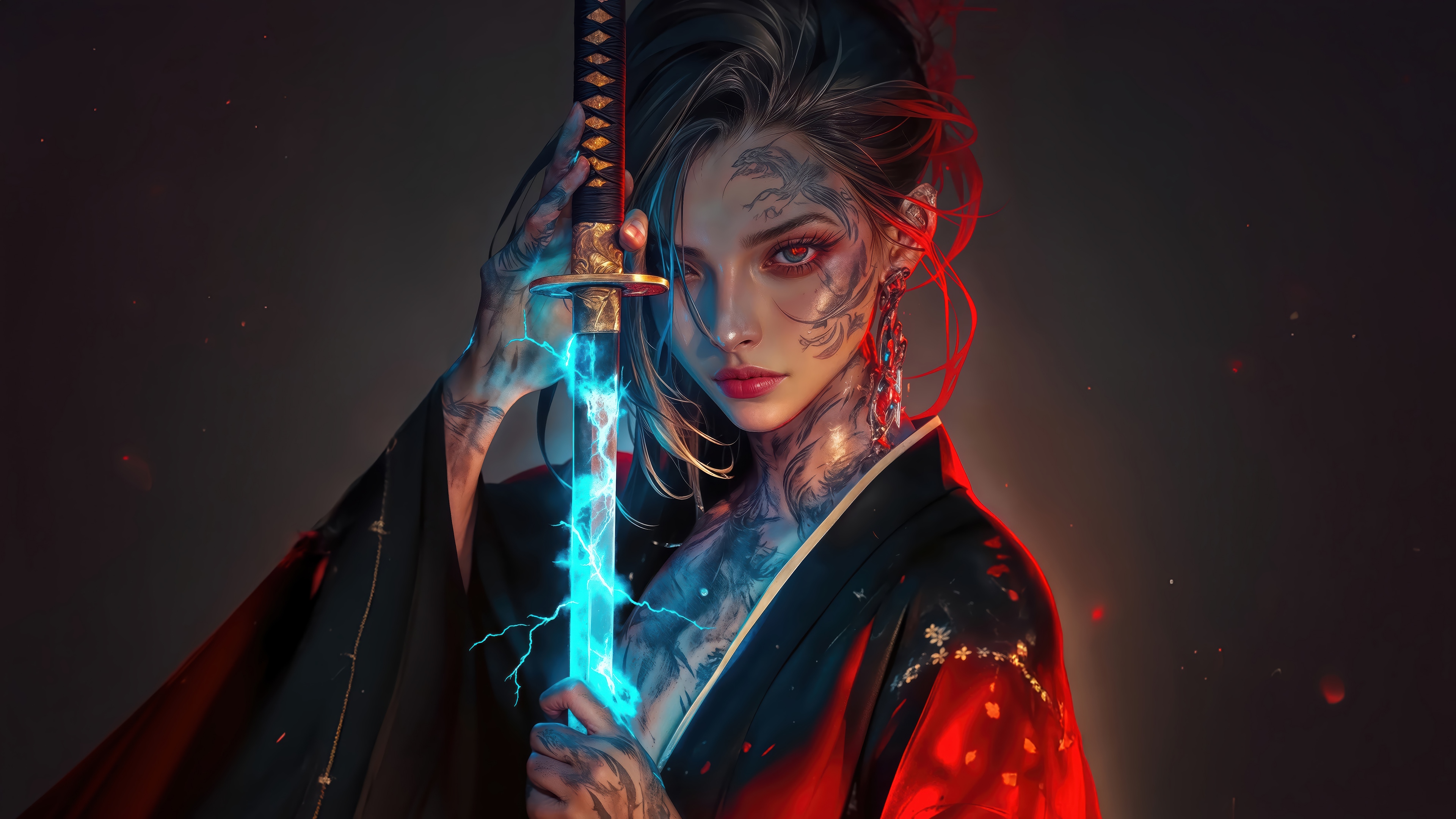 Tattooed Samurai Girl with Lightning Katana 4K HD Wallpaper
