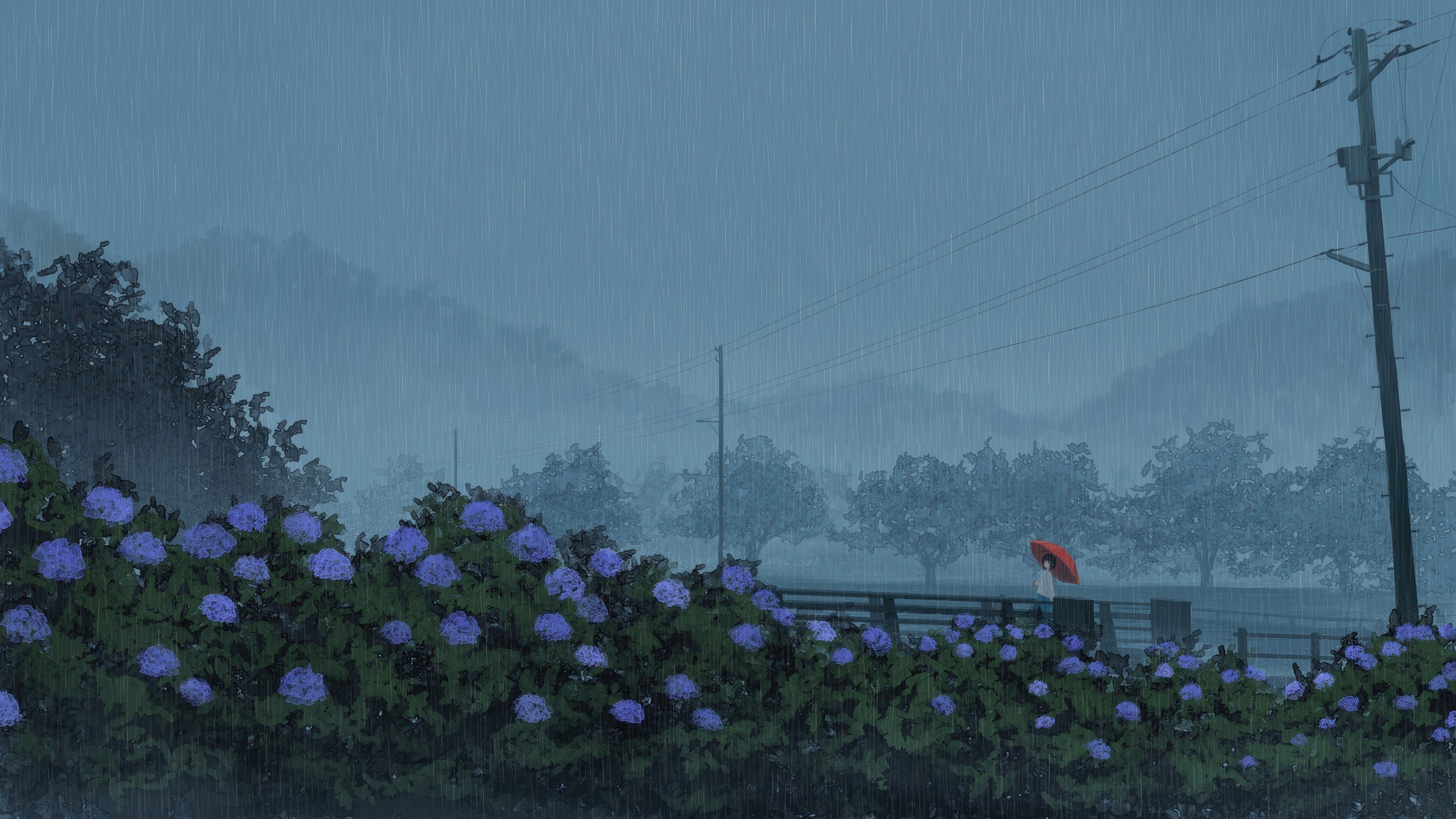 Anime Girl with Red Umbrella in the Rain 4K HD Wallpaper
