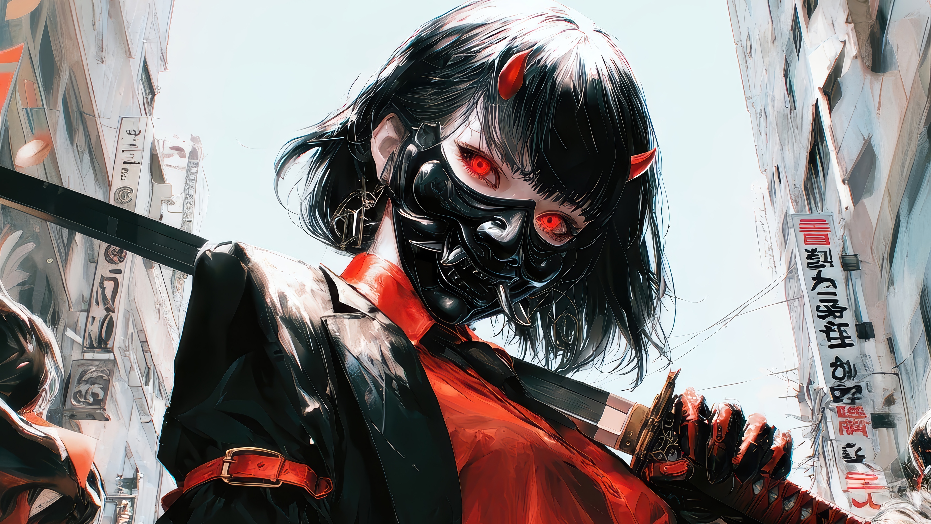 Anime Girl with Yokai Mask and Katana in 4K HD Wallpaper
