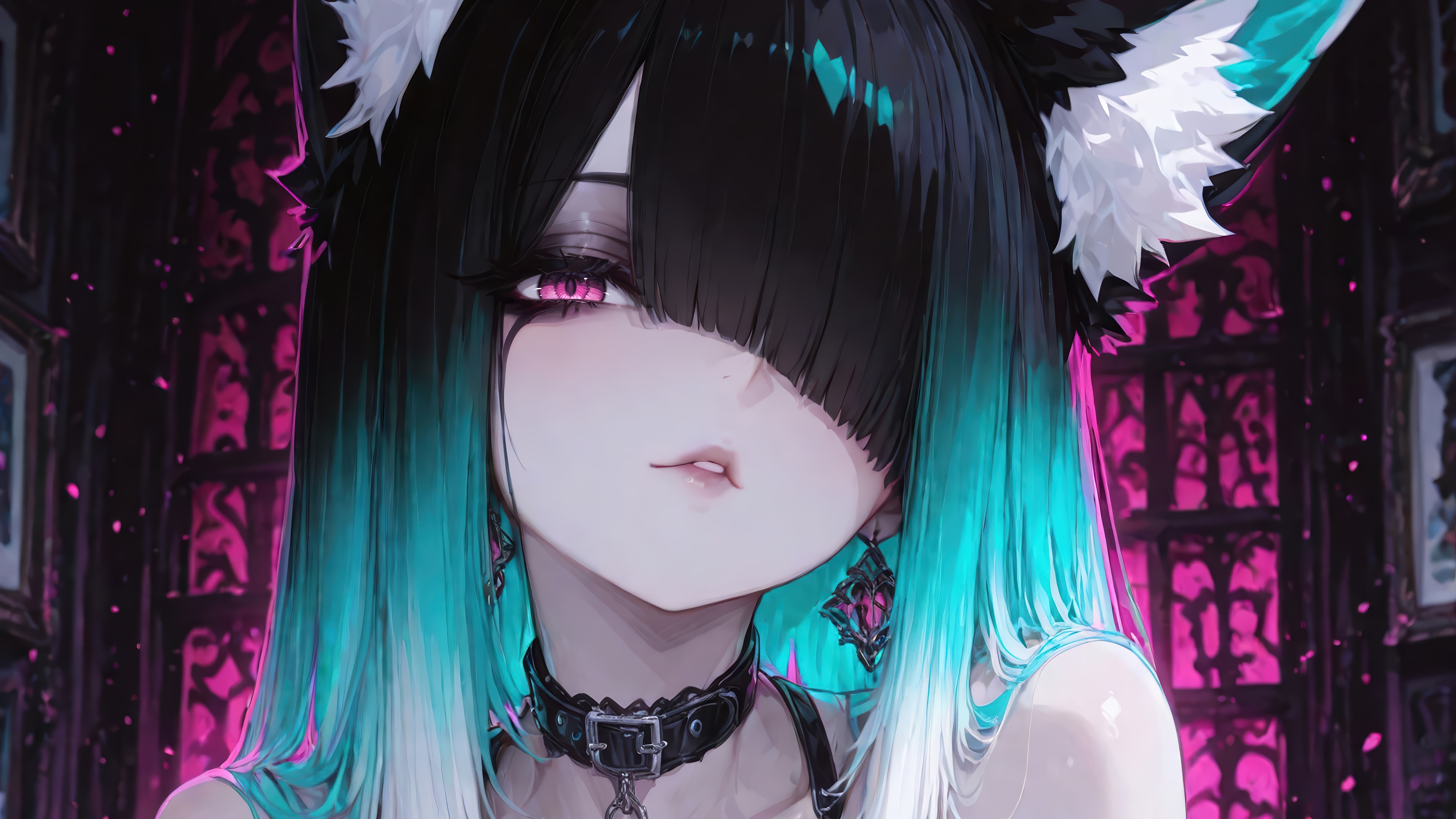 Anime Fox Girl with Pink Eyes and Teal Hair 4K HD Wallpaper