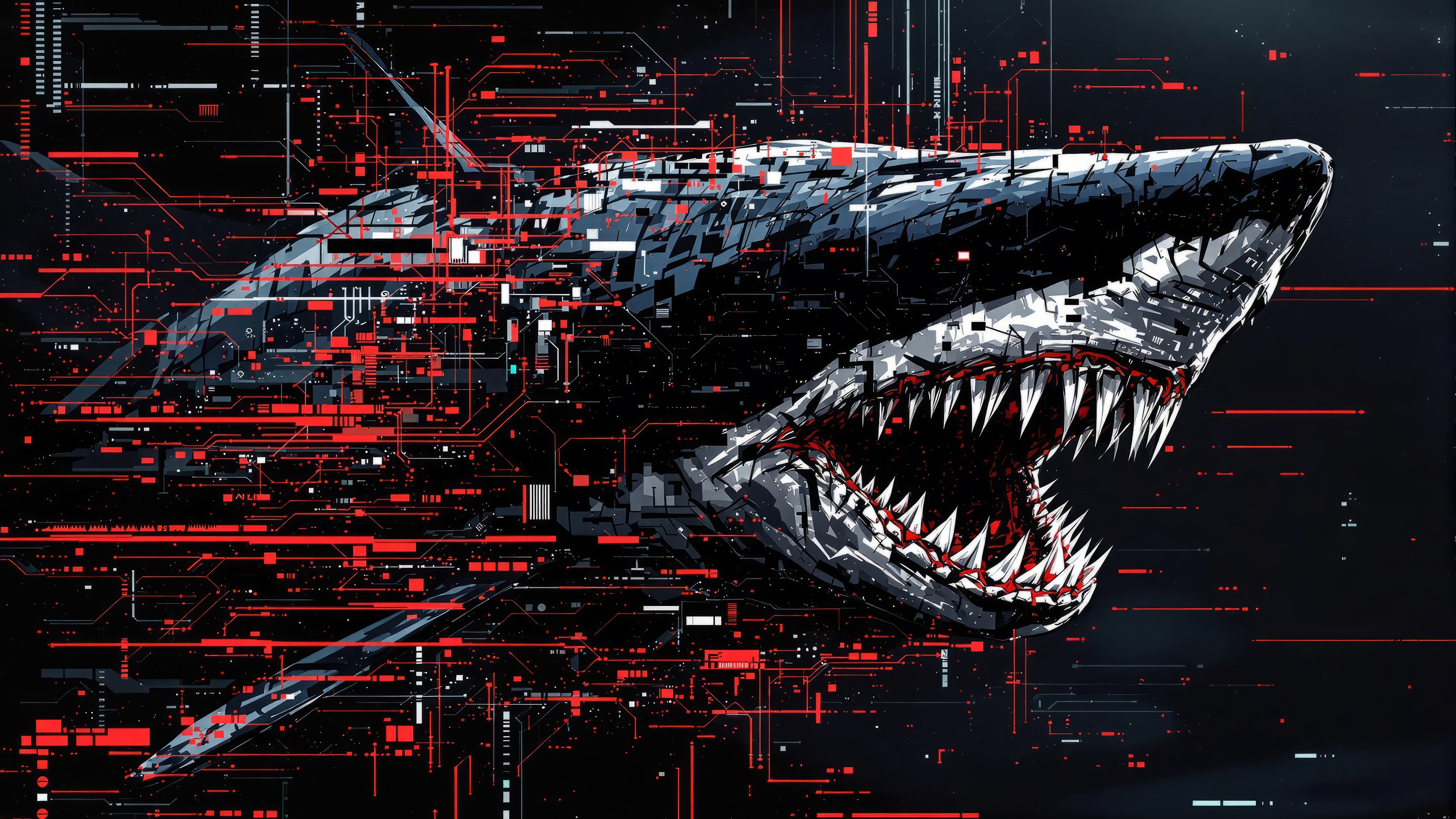 Digital Art Shark with Red Circuitry 4K HD Wallpaper