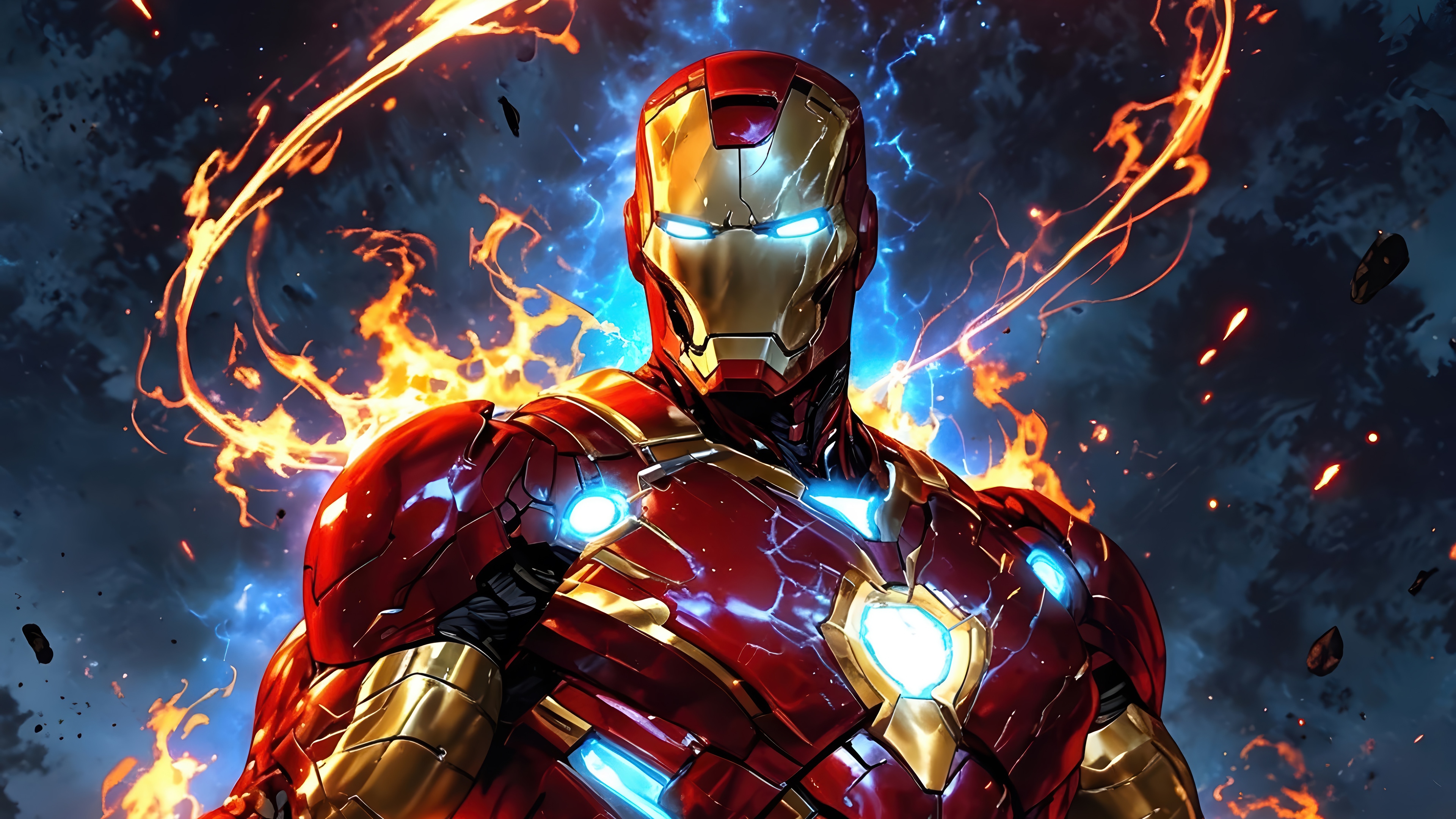 Iron Man in 4K with Fire and Lightning HD Wallpaper
