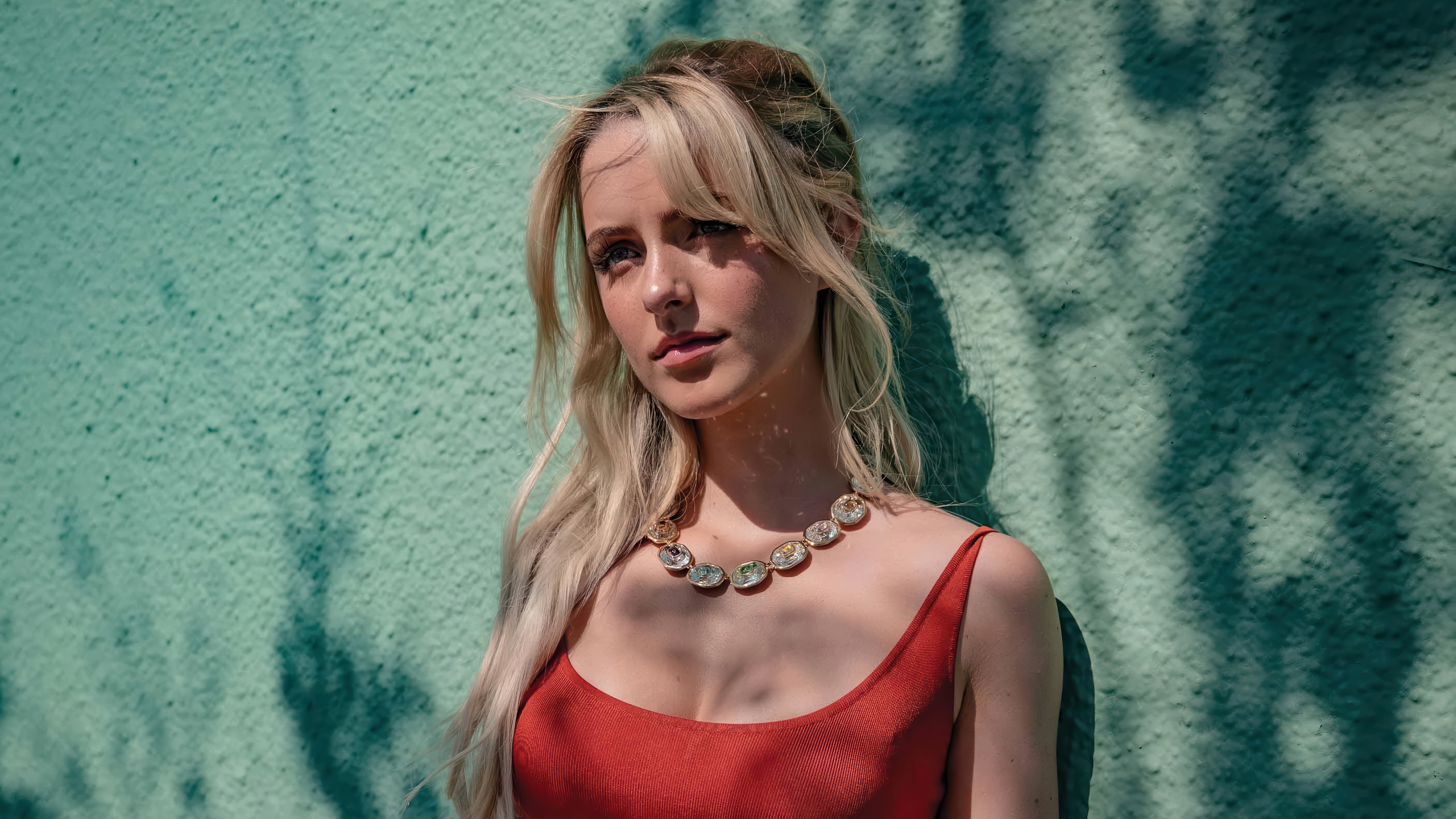 Mckenna Grace in a red dress with a necklace HD Wallpaper
