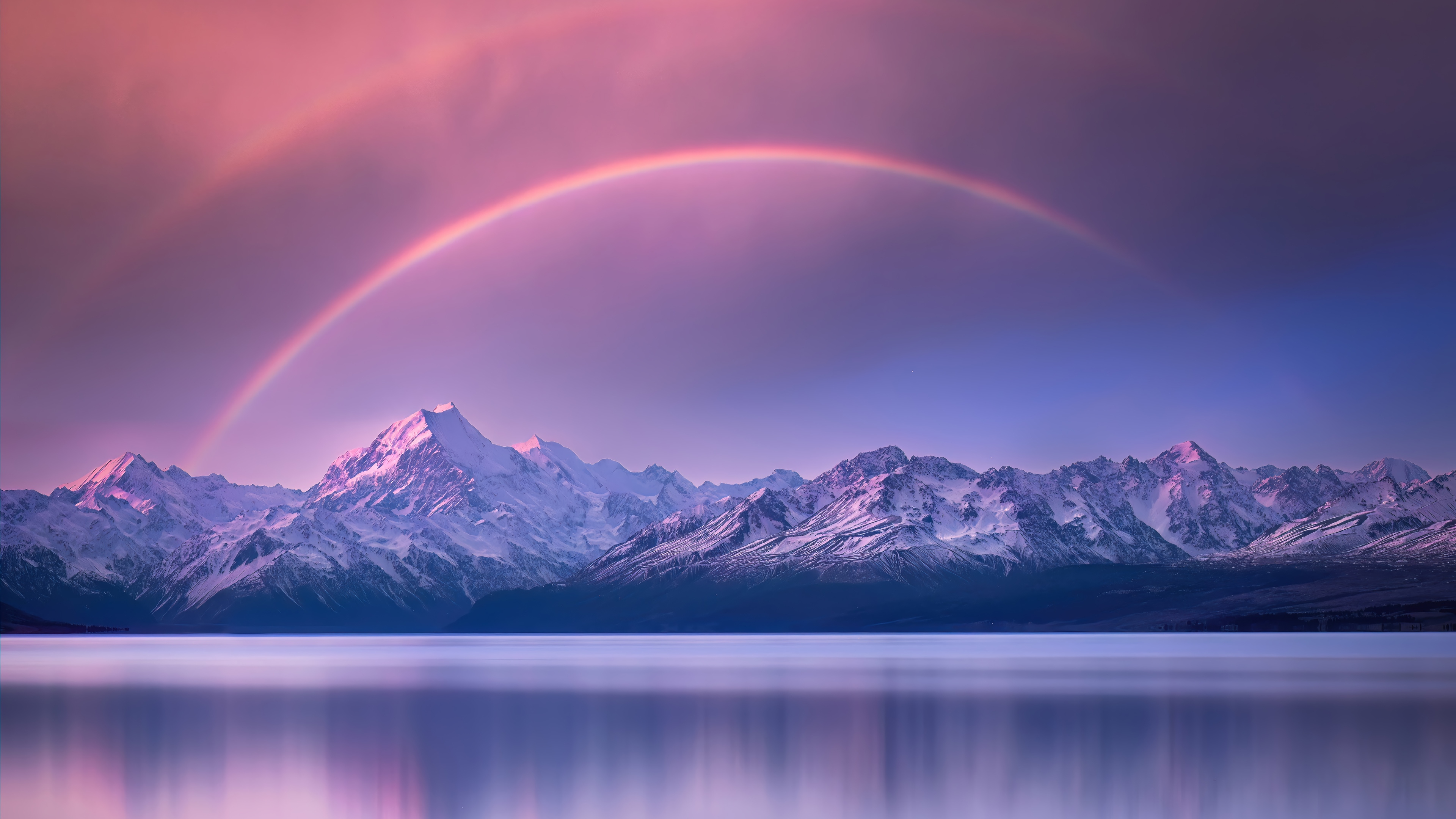 Rainbow over Snowy Mountains and Lake 4K HD Wallpaper
