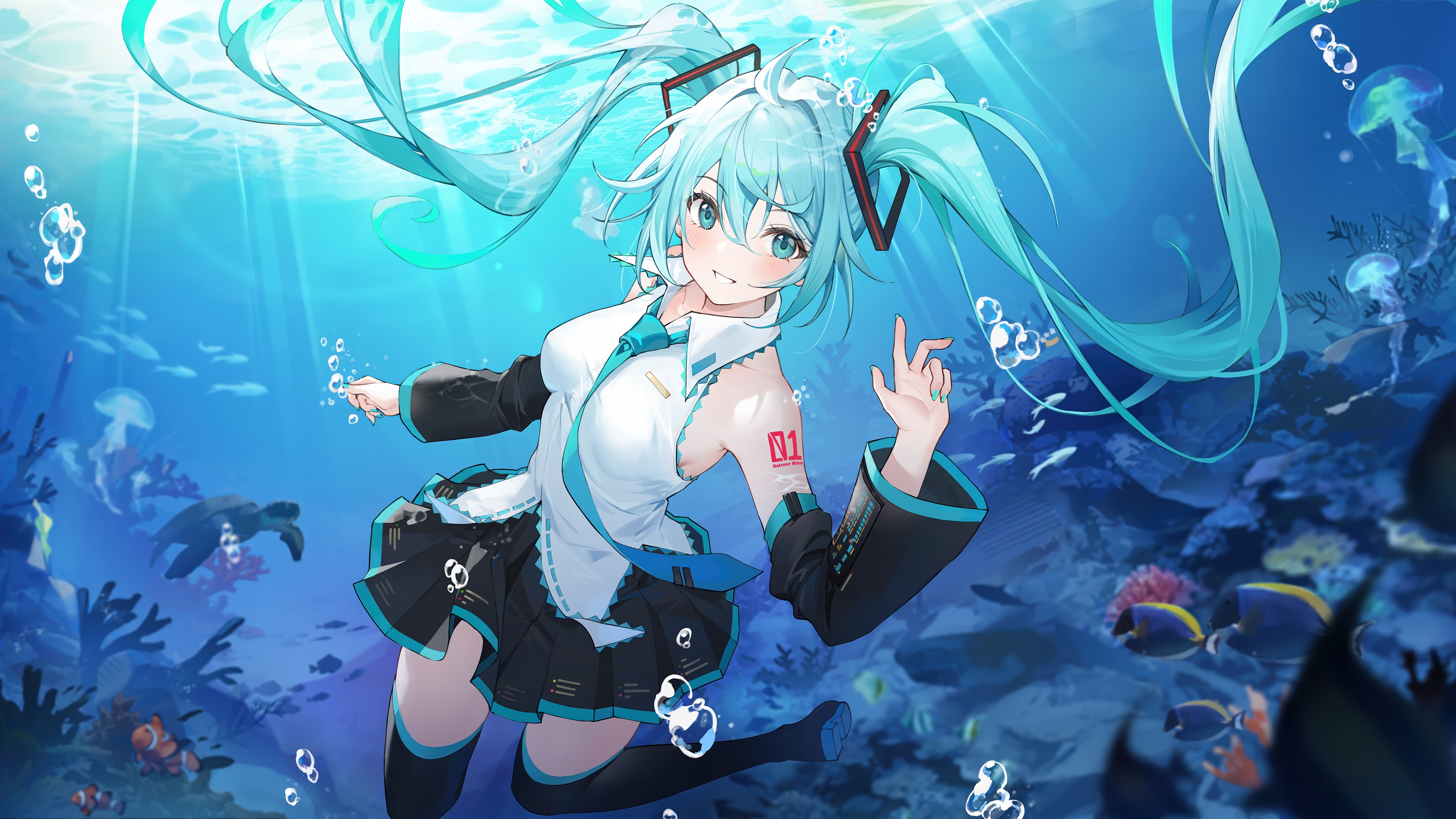 Hatsune Miku underwater with fish and jellyfish HD Wallpaper
