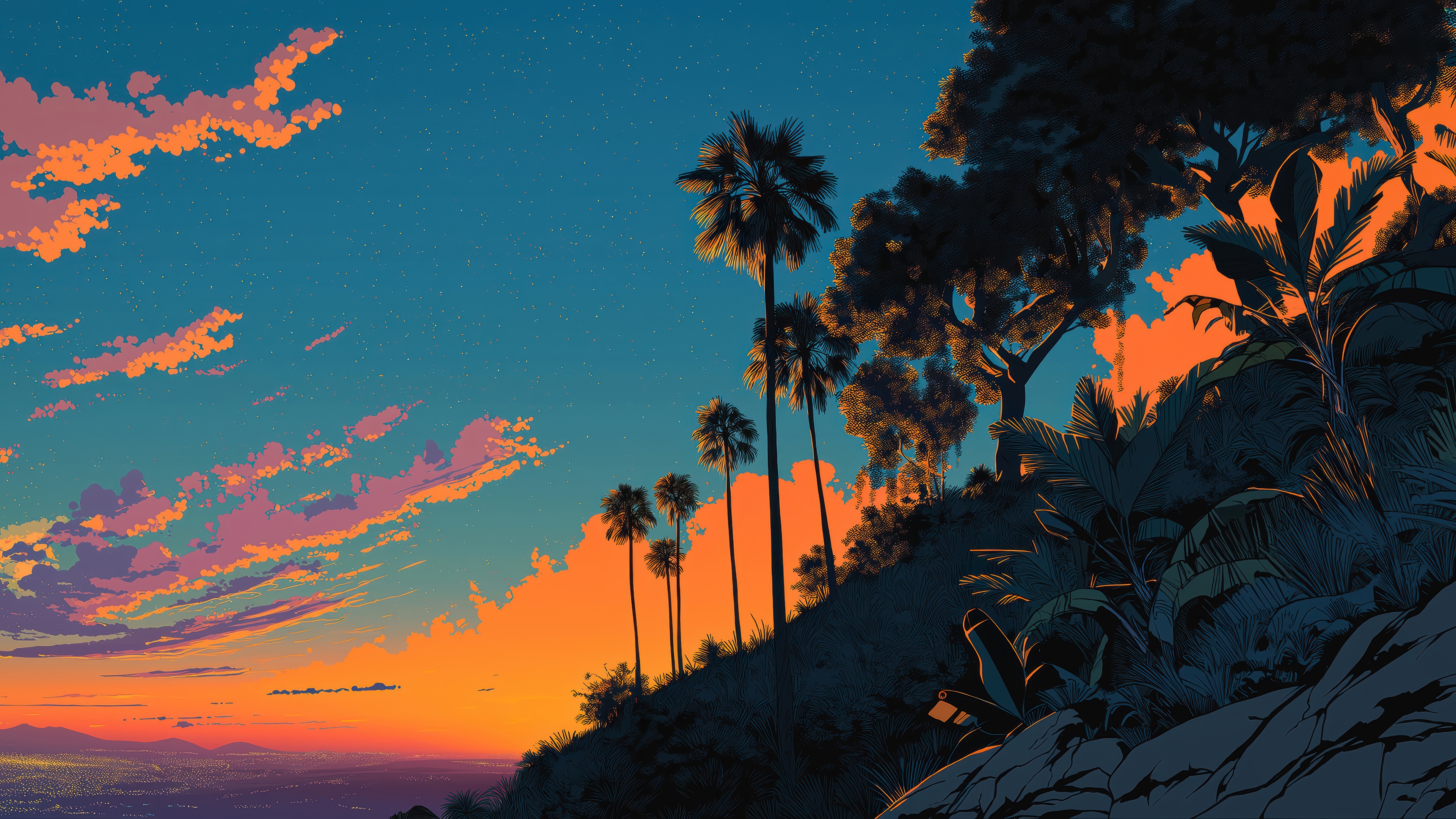 Sunset over a tropical hillside with palm trees HD Wallpaper