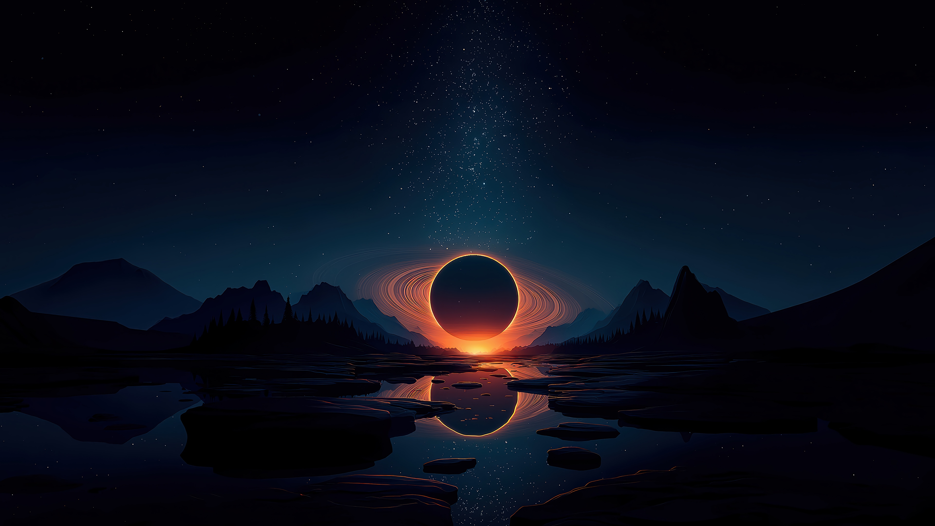 Night sky with a ringed planet over mountains and water HD Wallpaper