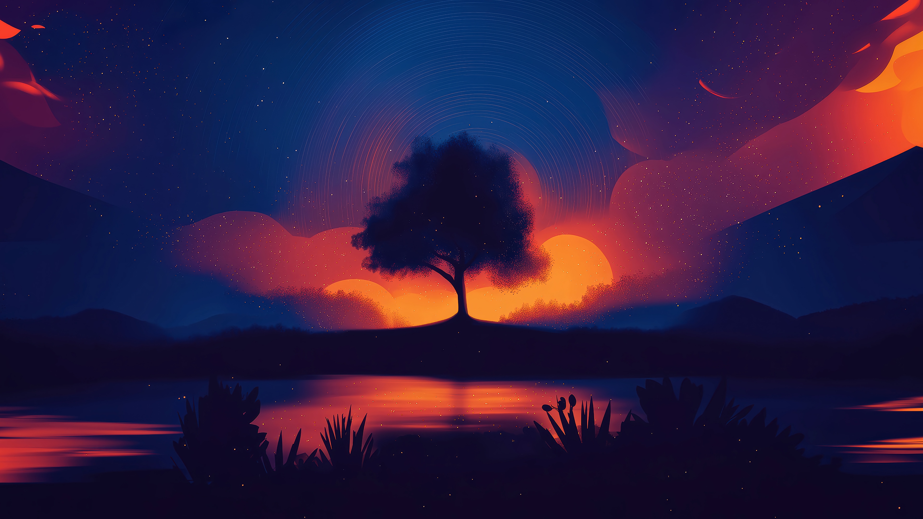 Digital Art 4K Scenery with Tree and Sunset HD Wallpaper