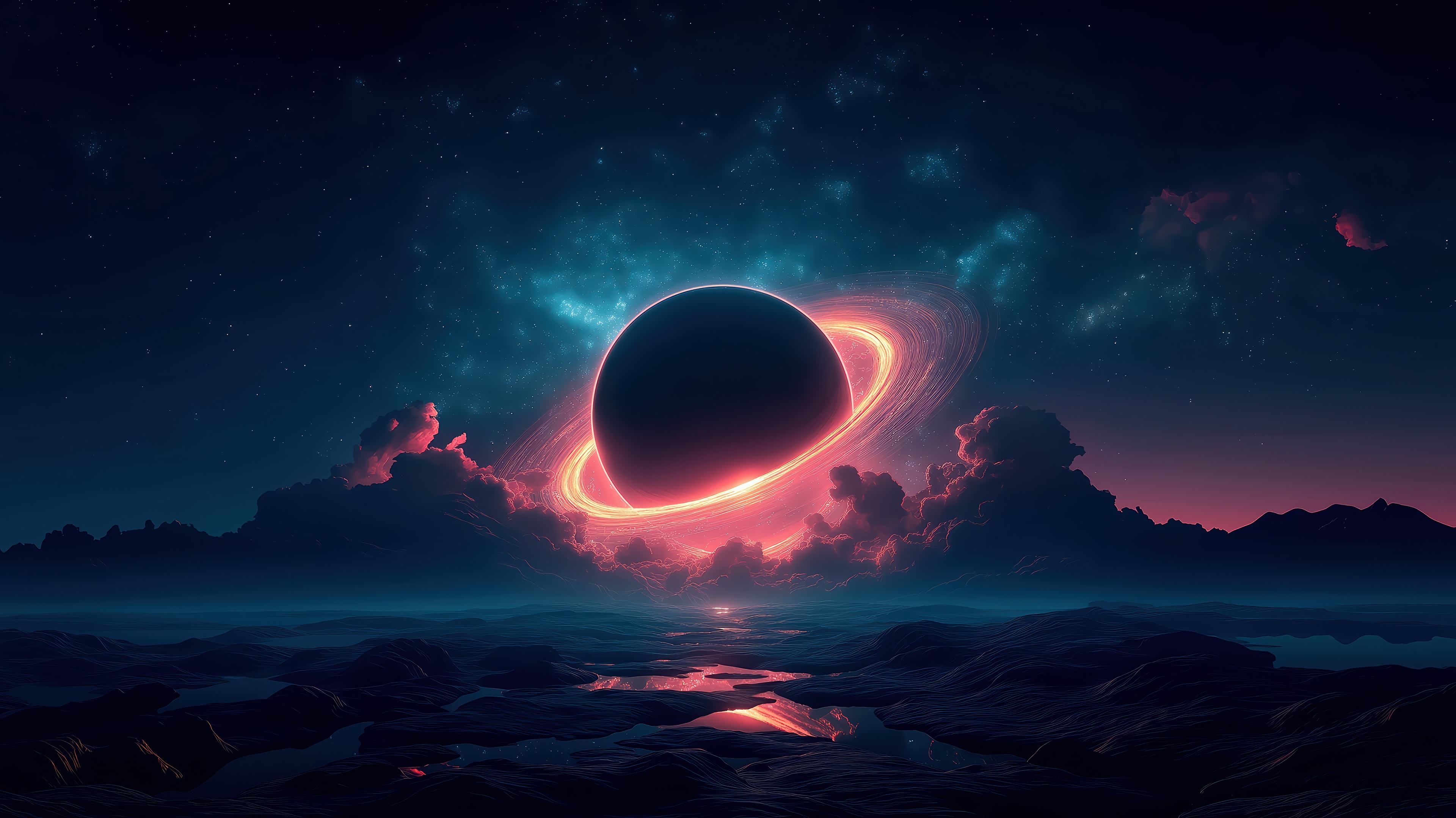 Planet with glowing rings in a starry night sky HD Wallpaper