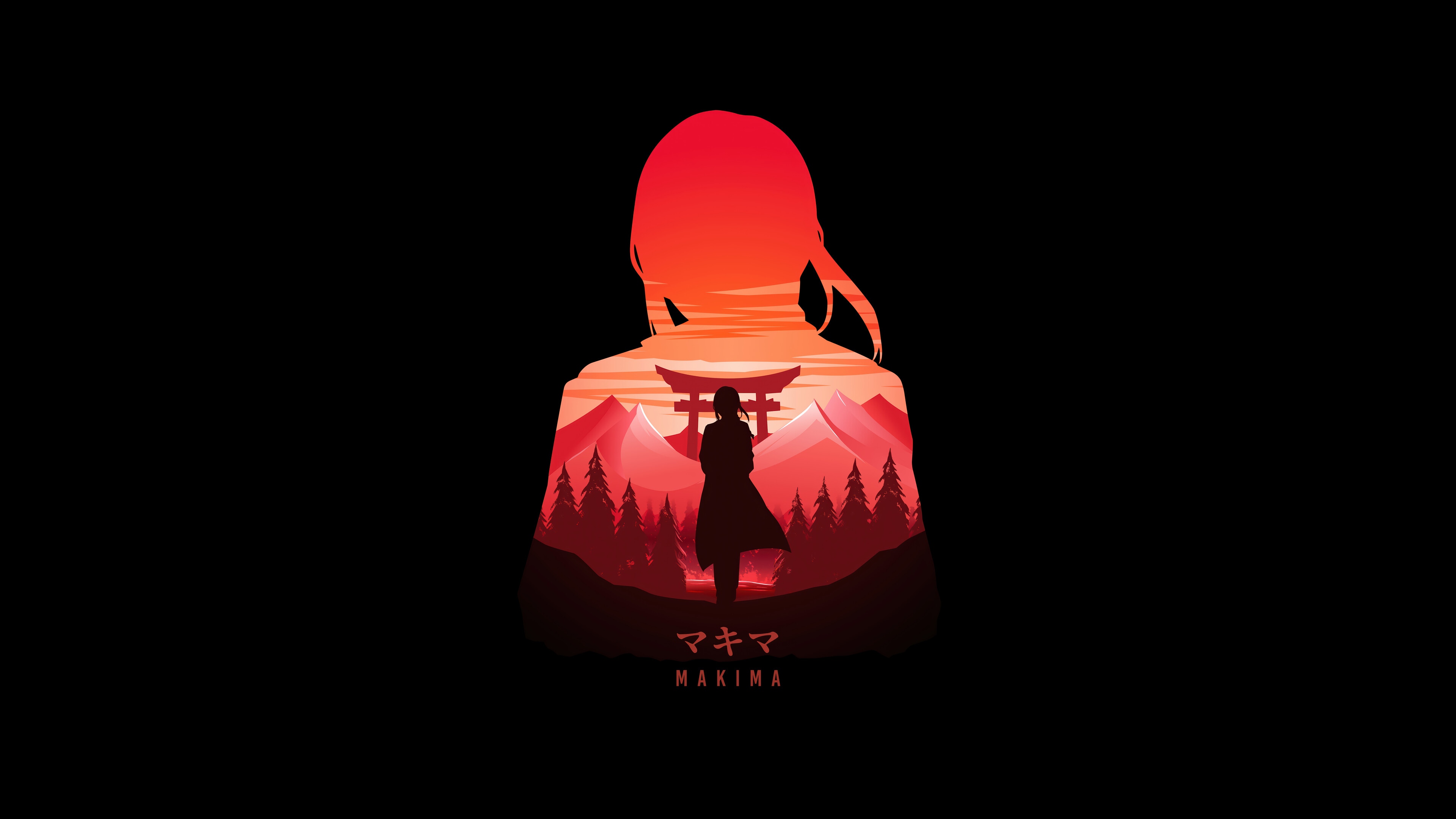 Makima Silhouette with Japanese Torii Gate and Mountains HD Wallpaper