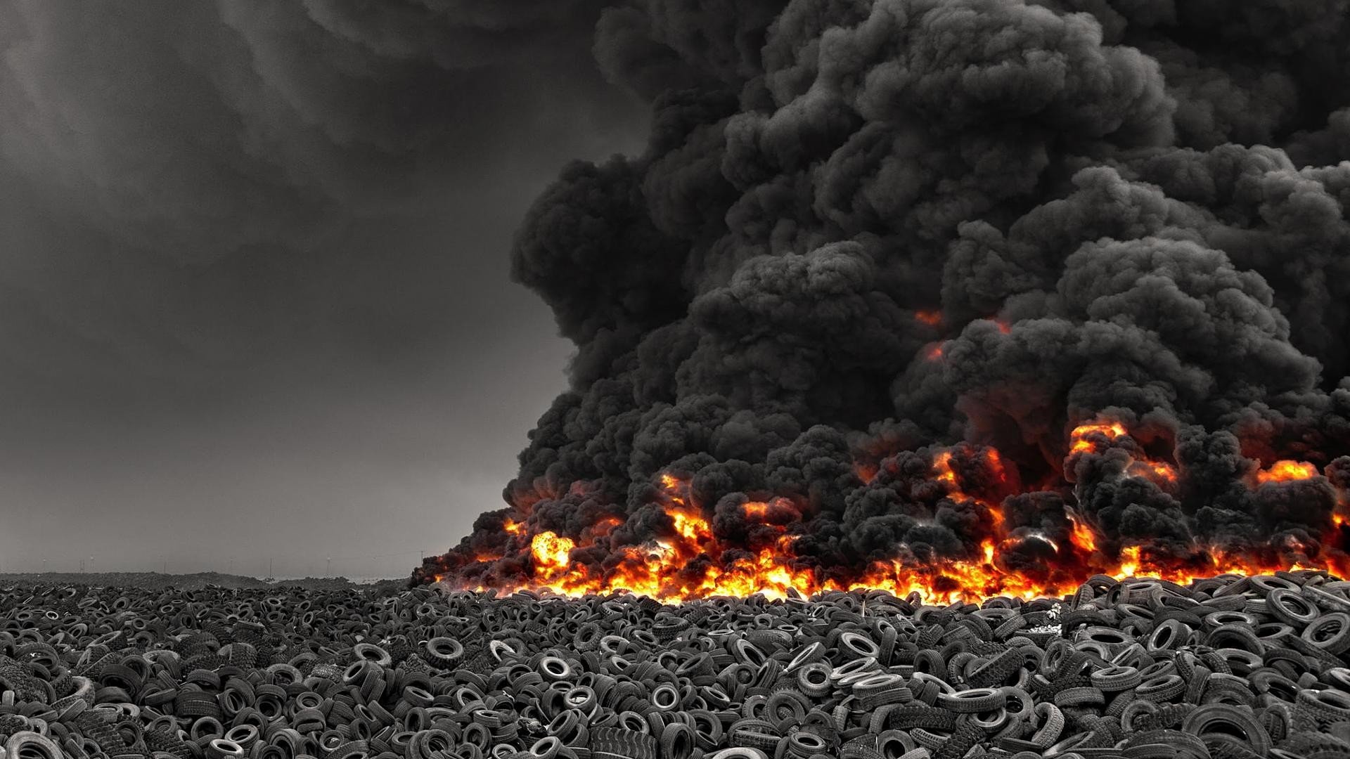 Tires burning with black smoke and fire HD Wallpaper