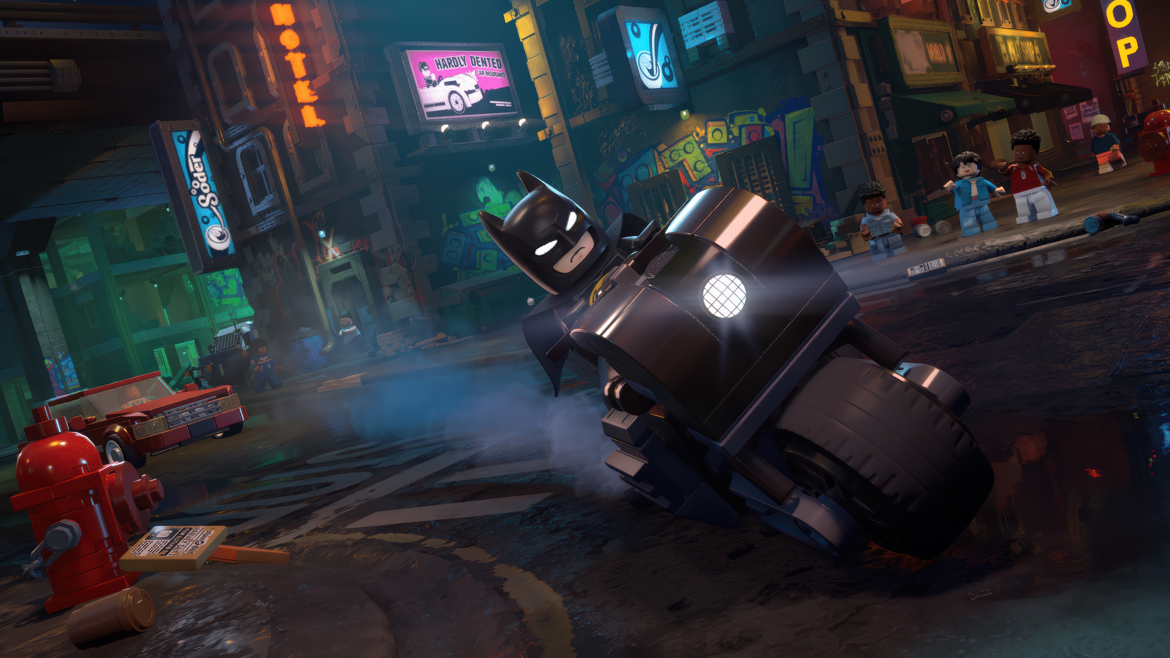 Lego Batman on a Batcycle in a city street HD Wallpaper