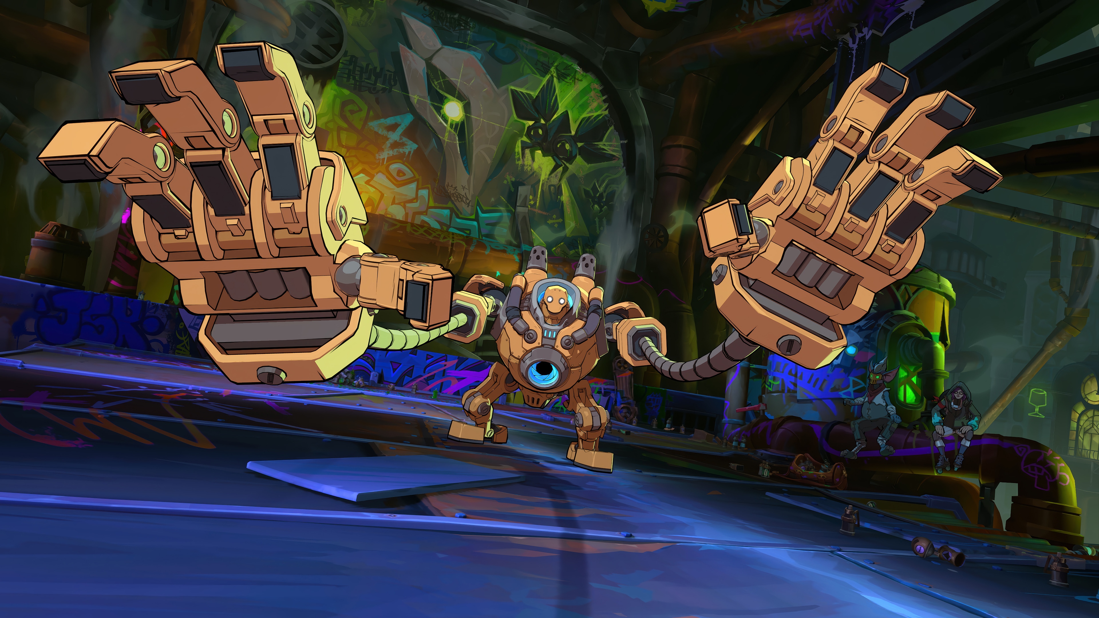 Blitzcrank in a colorful, graffiti-covered industrial setting HD Wallpaper