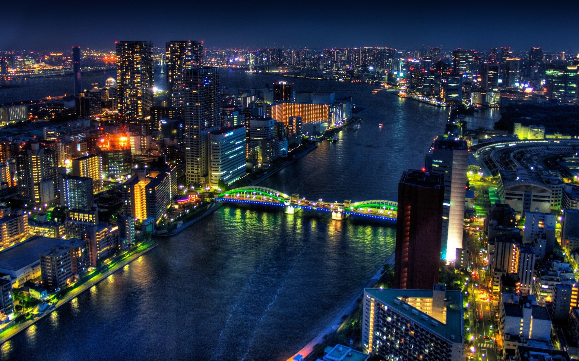 Night cityscape of Tokyo with illuminated bridge over river HD Wallpaper