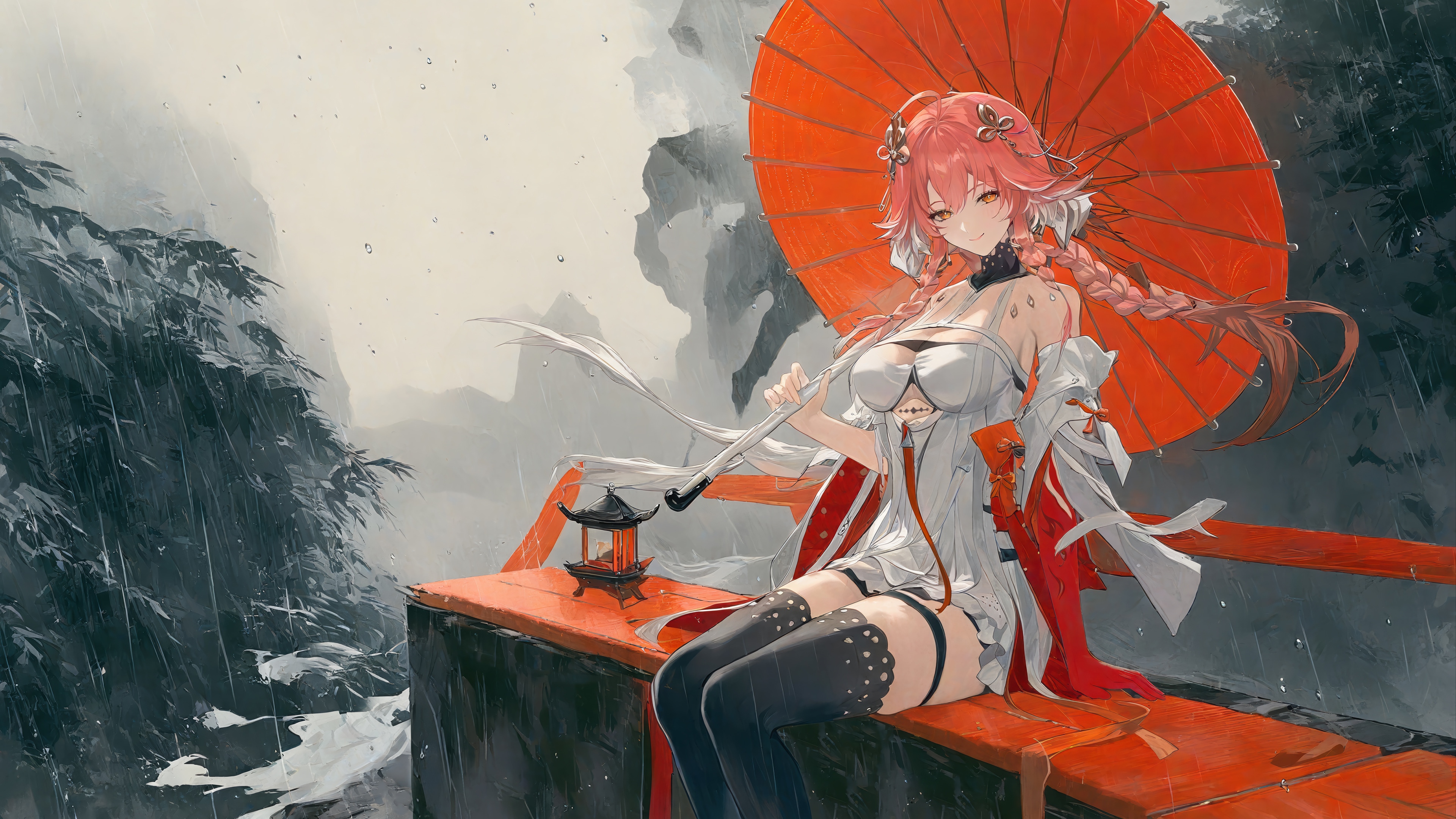 Changli with an umbrella in the rain HD Wallpaper