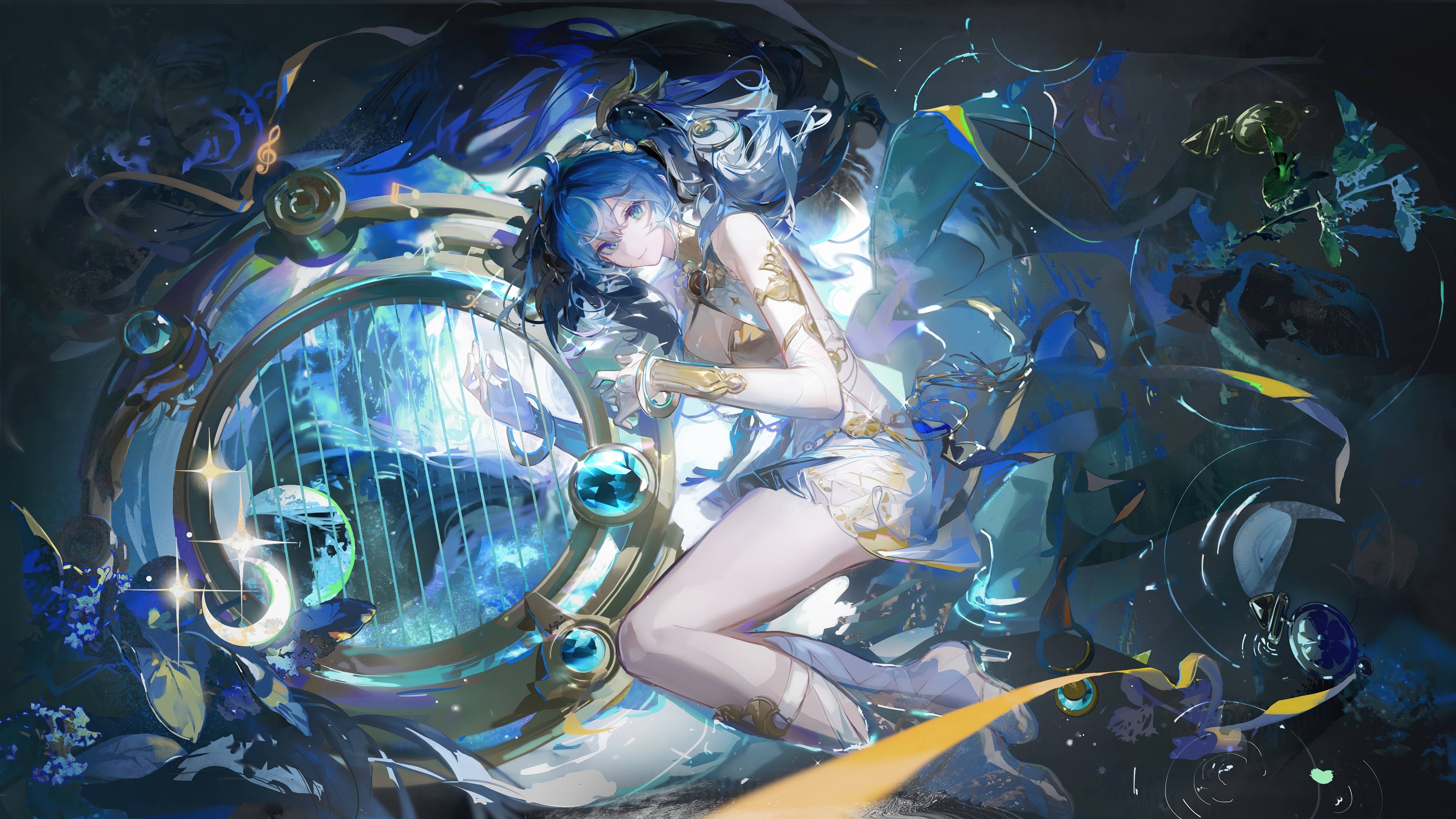 Iuno playing a harp in Wuthering Waves 4K HD Wallpaper