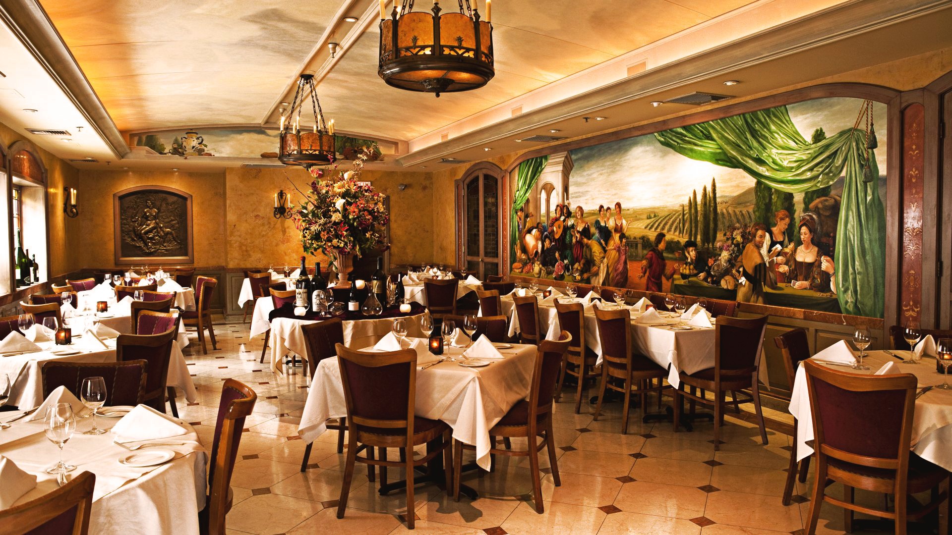 Restaurant dining room with tables and mural HD Wallpaper