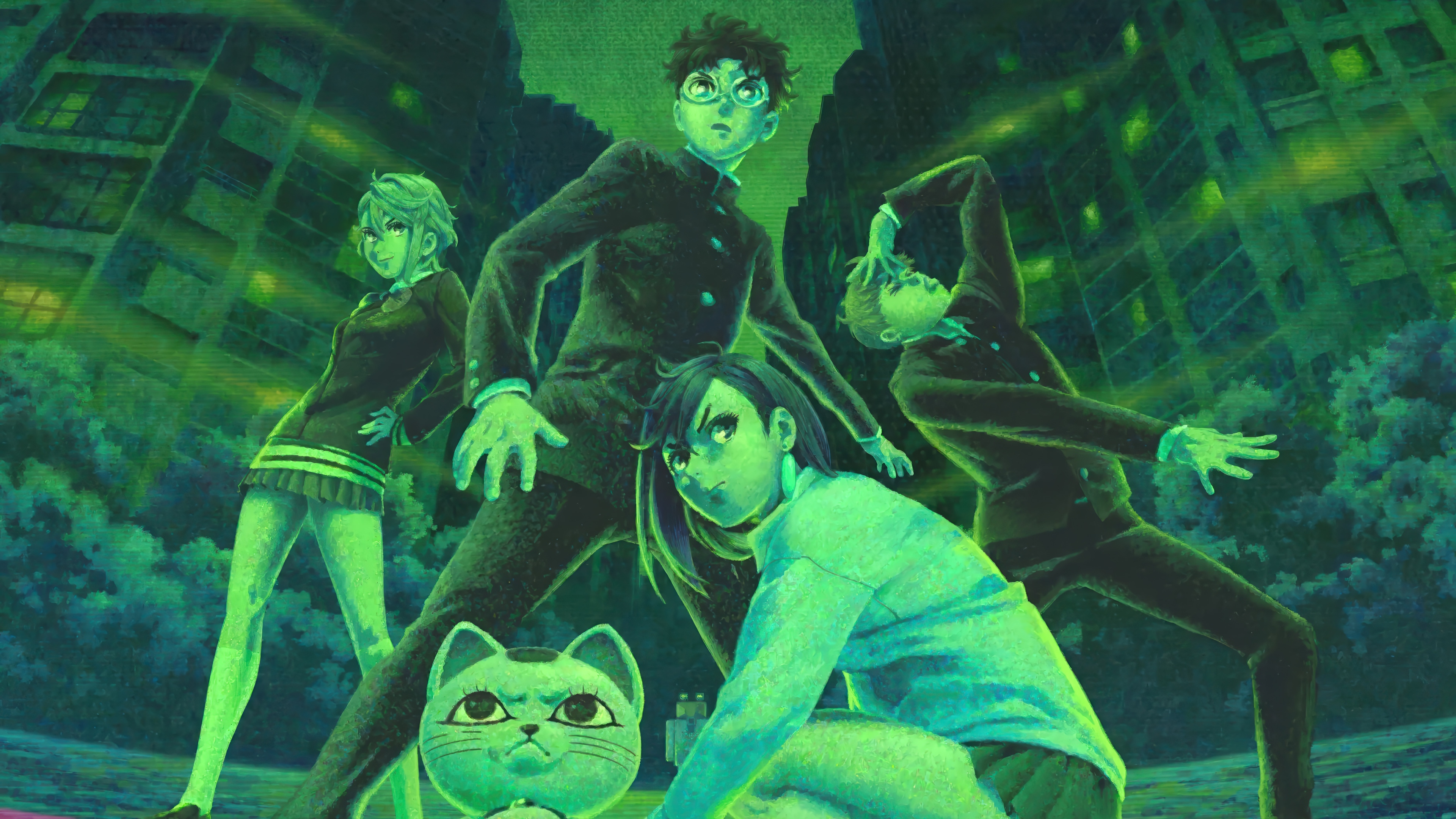 Dandadan Characters Momo Ayase, Okarun, Aira Shiratori, Jiji HD Wallpaper
