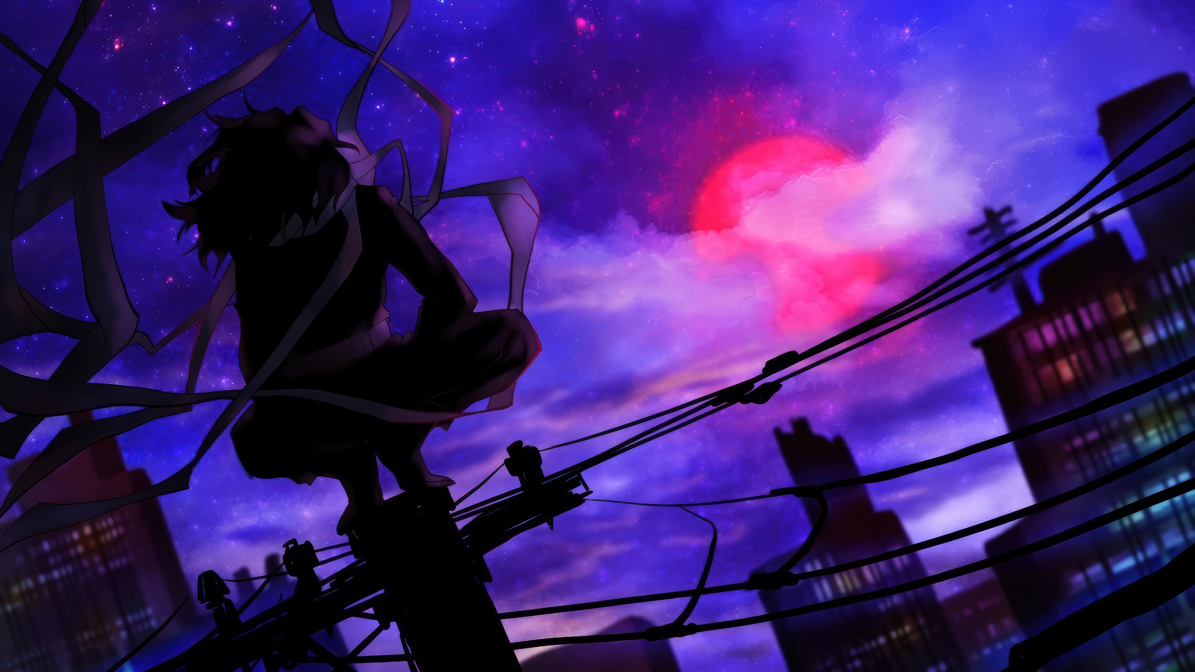 Anime character on a utility pole under a red moon HD Wallpaper