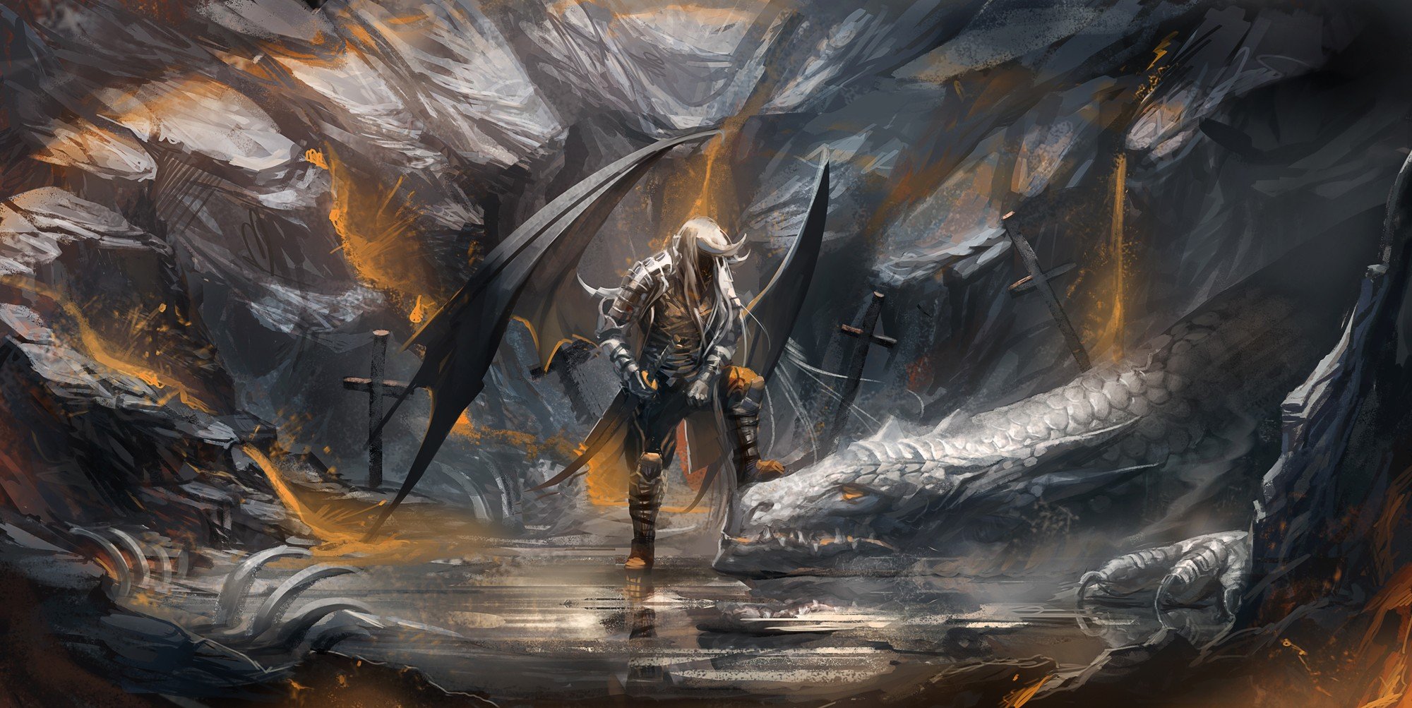 Dracula with wings and a dragon in a cave HD Wallpaper
