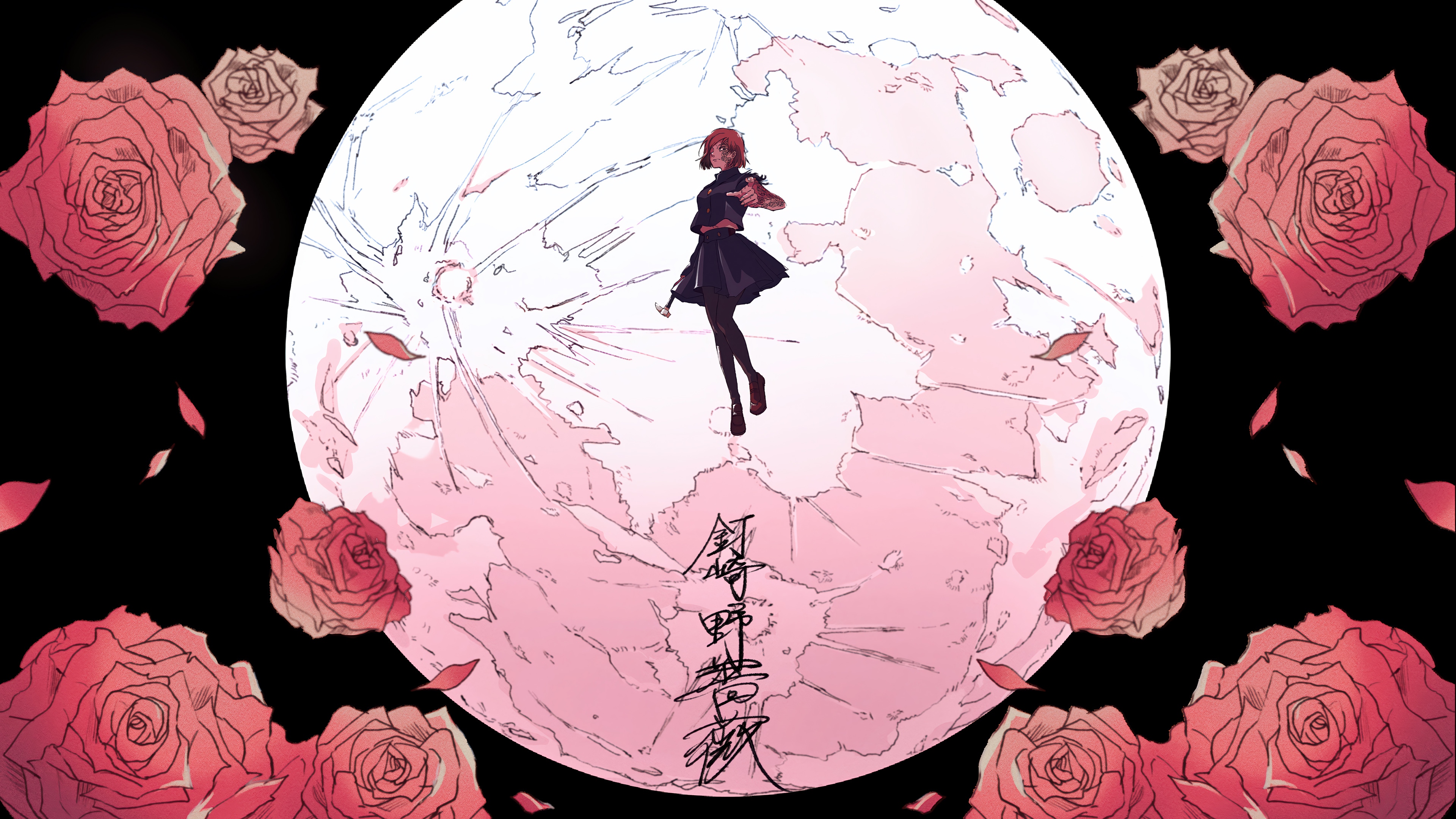 Nobara Kugisaki in front of a cracked moon with roses HD Wallpaper