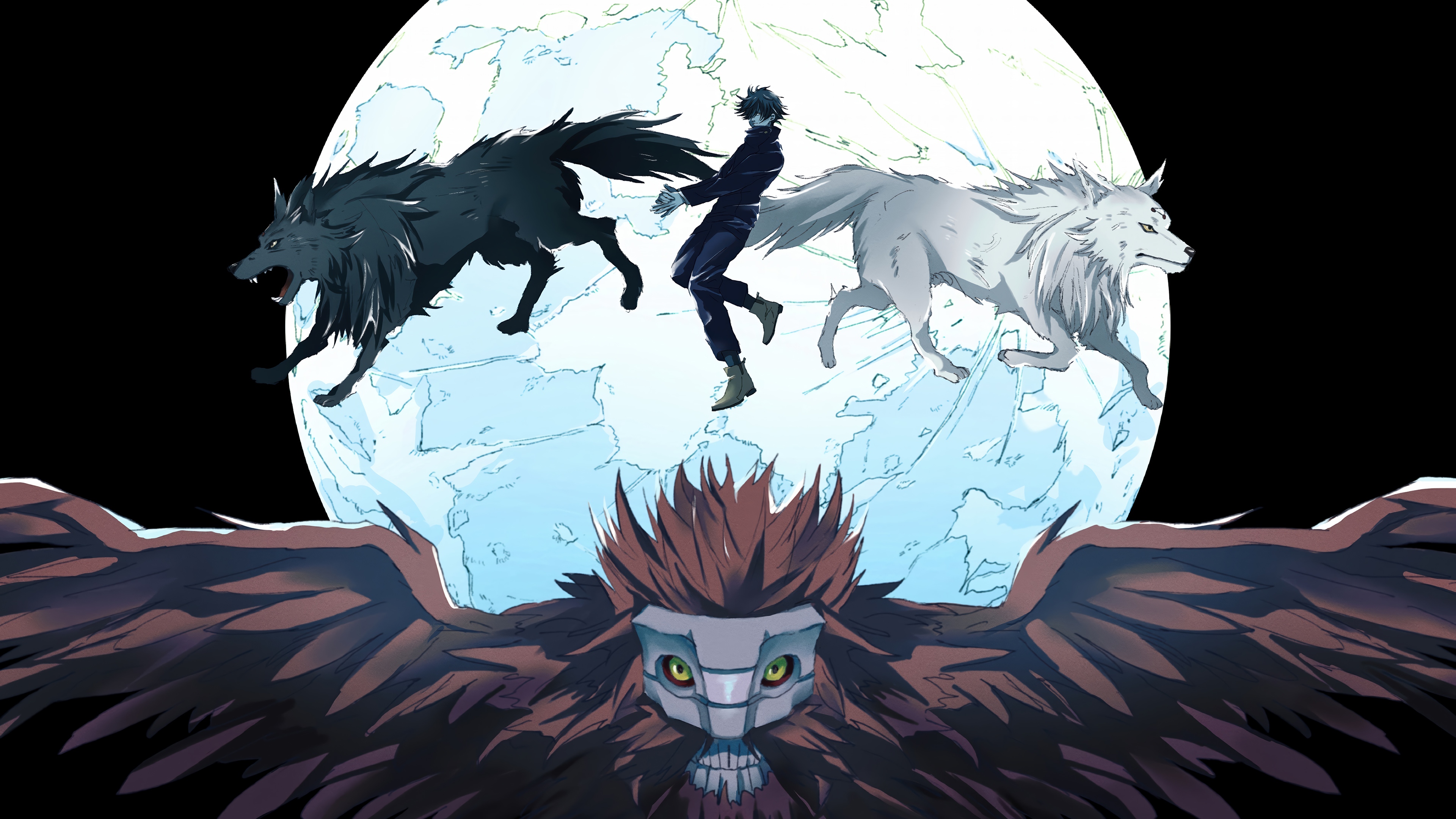 Megumi Fushiguro with Wolves and Bird-like Creature HD Wallpaper